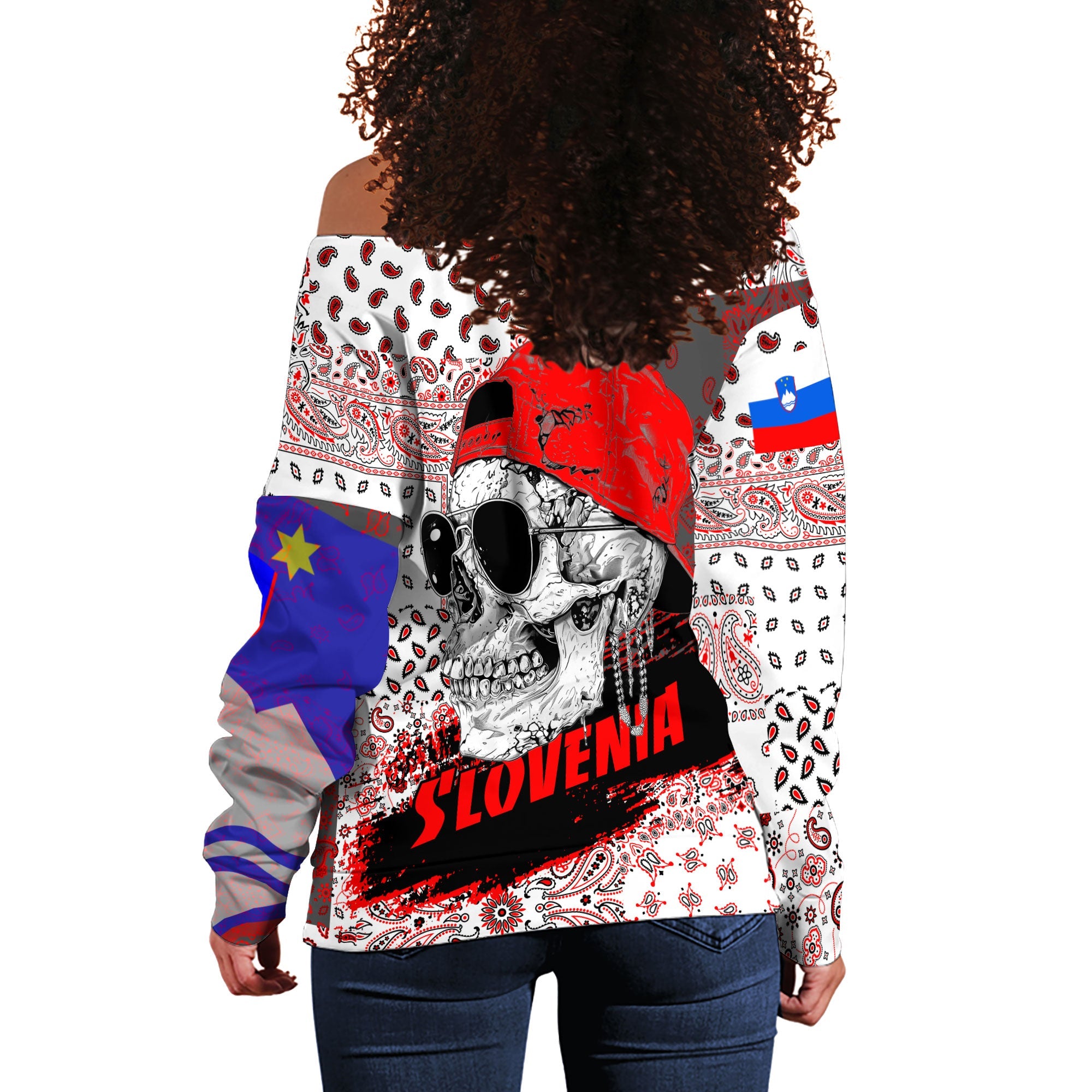 Slovenia Women Off Shoulder Sweatshirt Paisley Flag And Skull Style 3