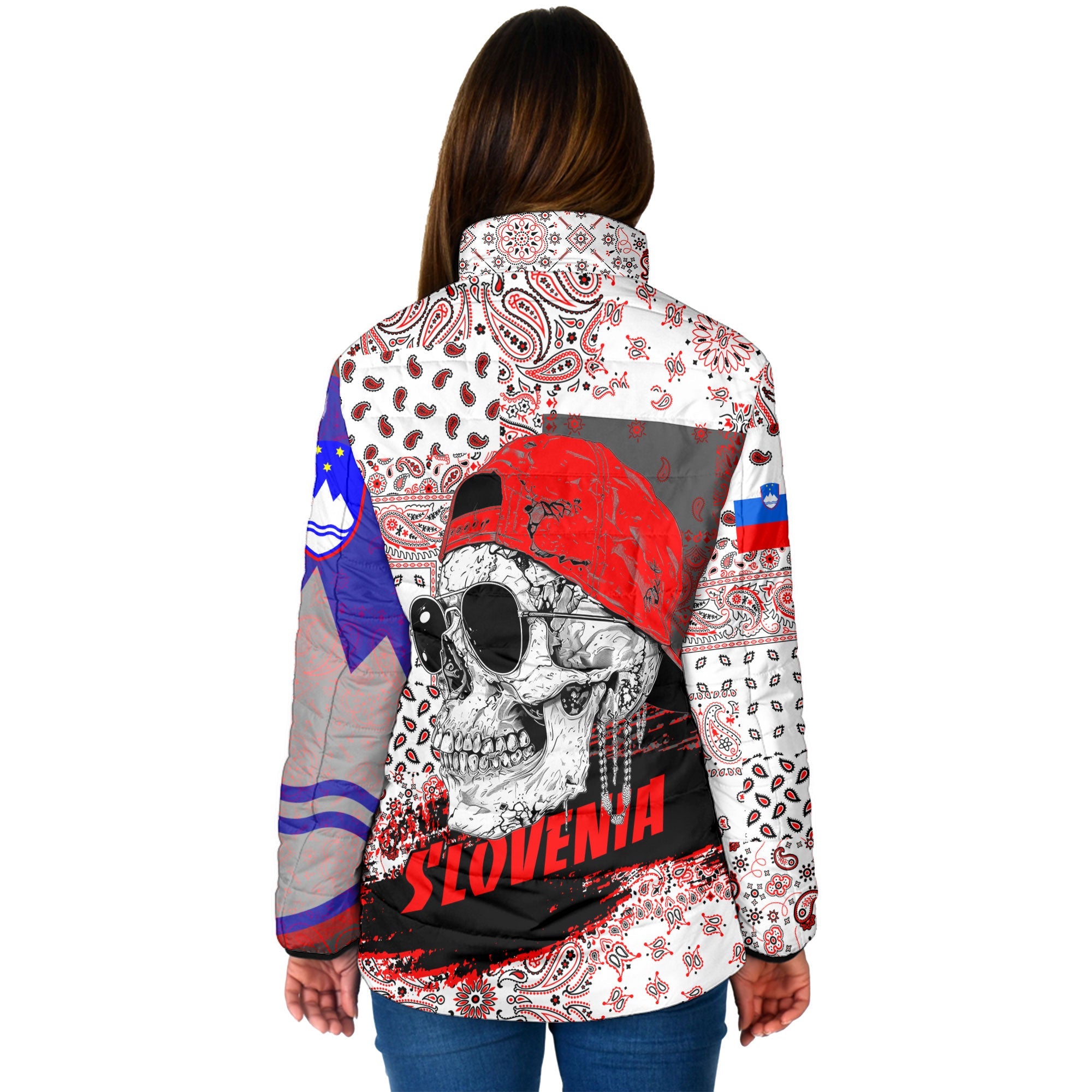 Slovenia Women Padded Jacket Paisley Flag And Skull Style 2