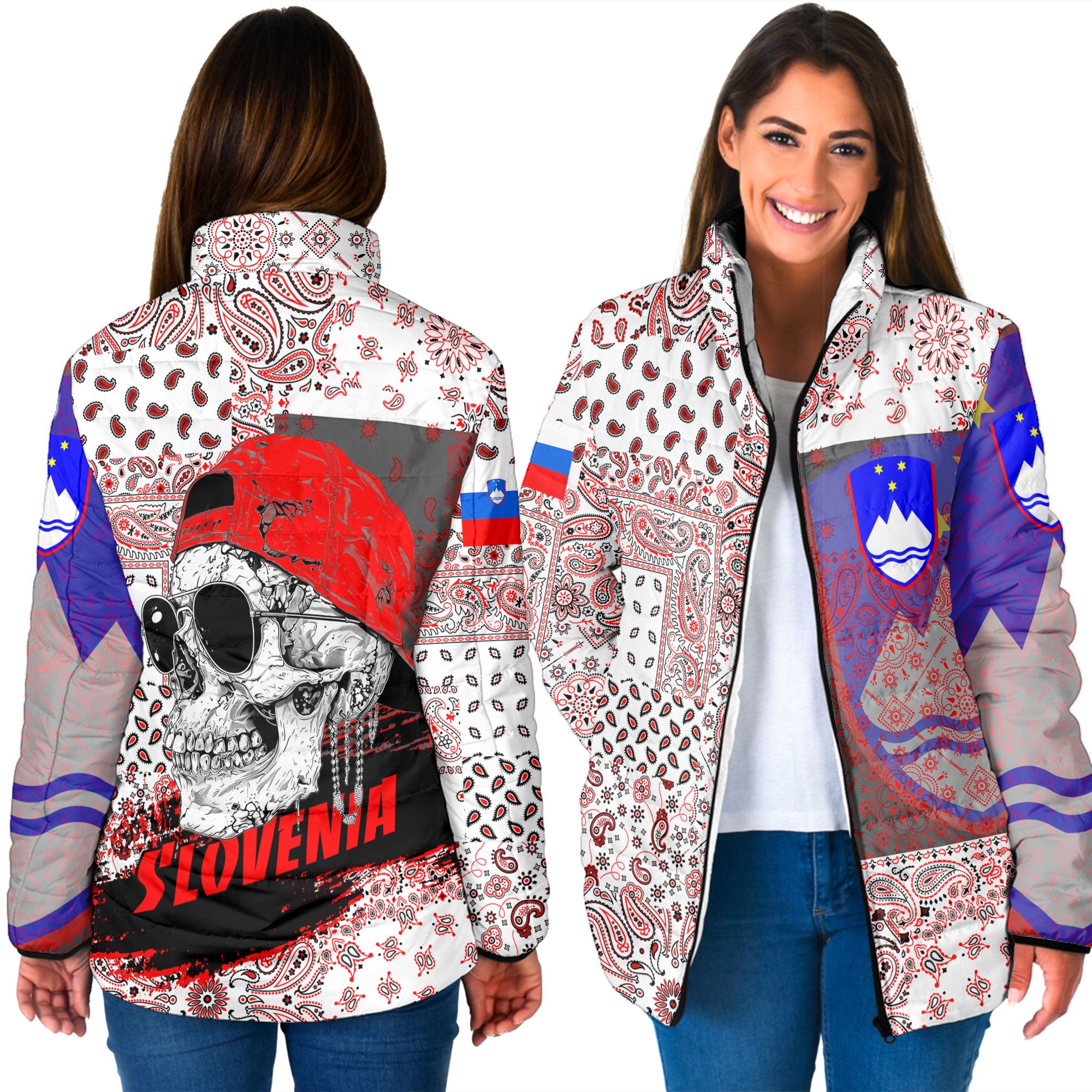 Slovenia Women Padded Jacket Paisley Flag And Skull Style 3