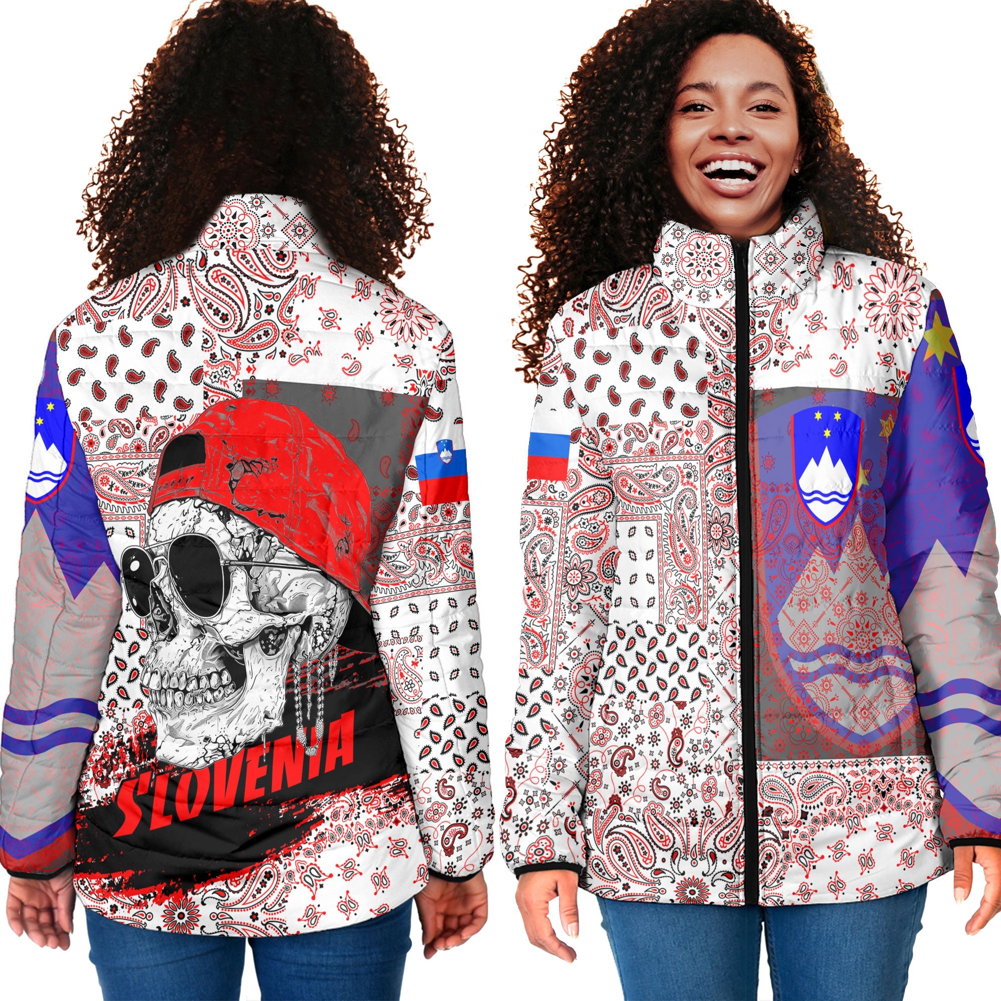 Slovenia Women Padded Jacket Paisley Flag And Skull Style 4