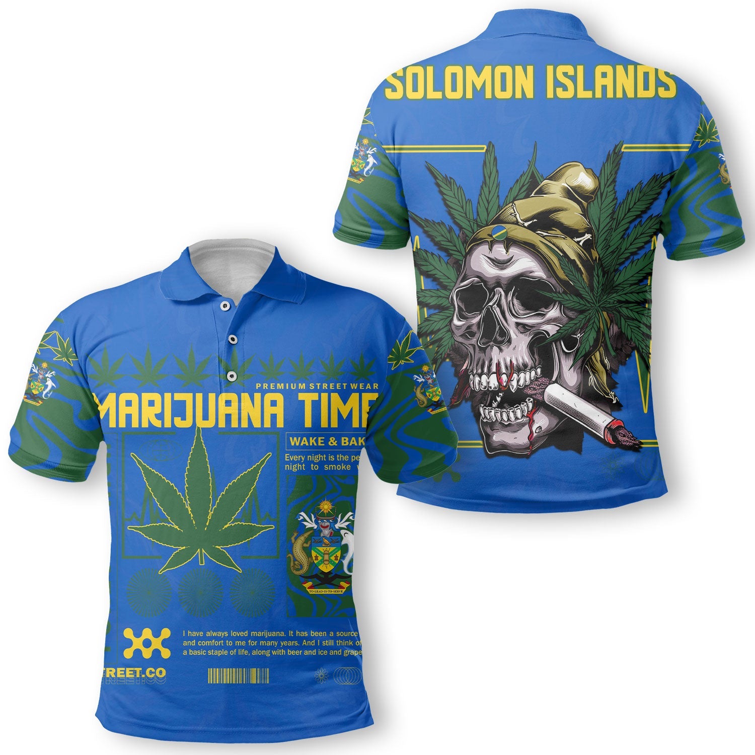 Solomon Islands Polo Shirt Flag & Coat Of Arms Marijuanas Style