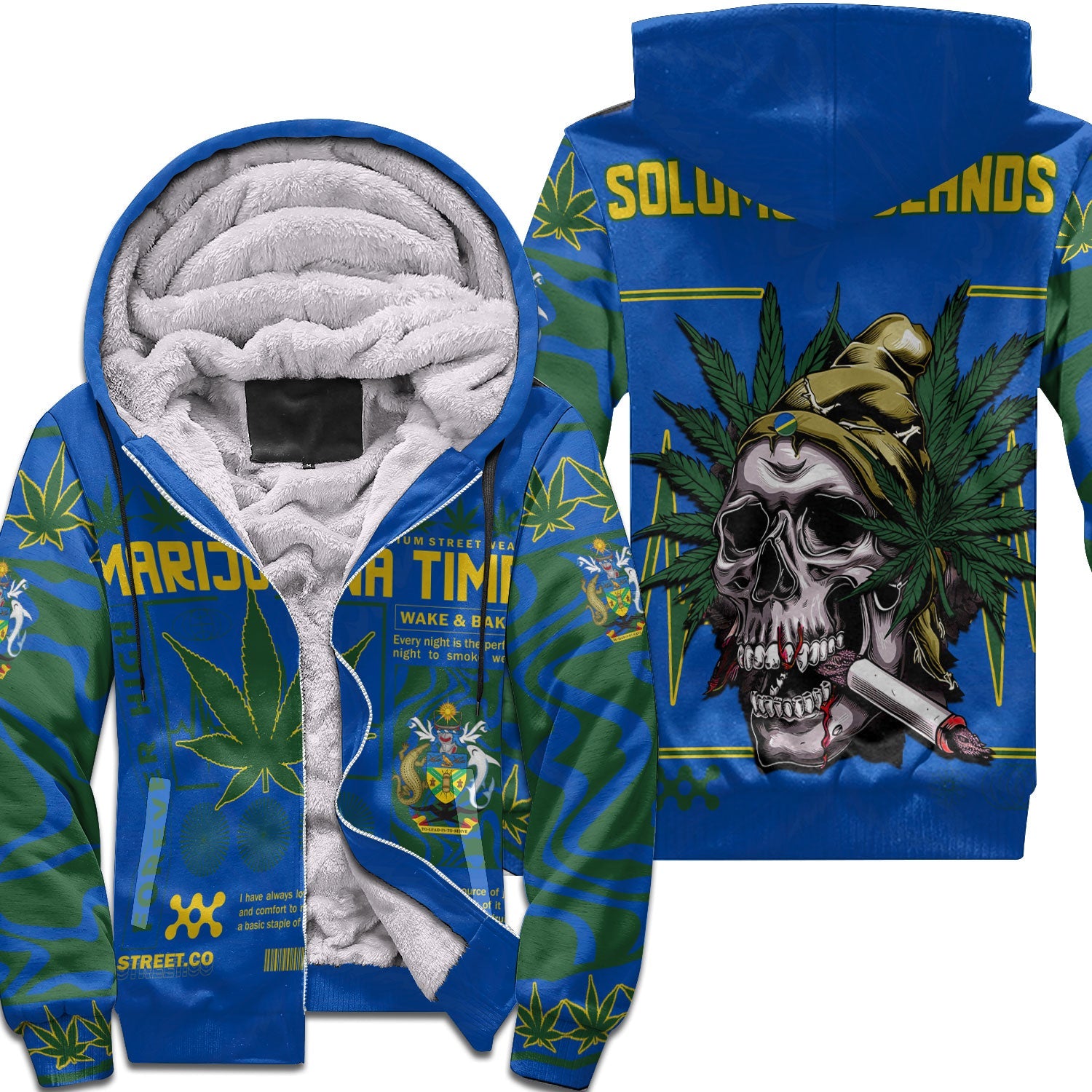 Solomon Islands Sherpa Hoodie Flag & Coat Of Arms Marijuanas Style