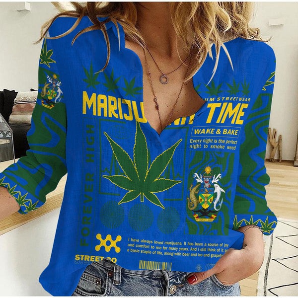 Solomon Islands Women Casual Shirt Flag & Coat Of Arms Marijuanas Style