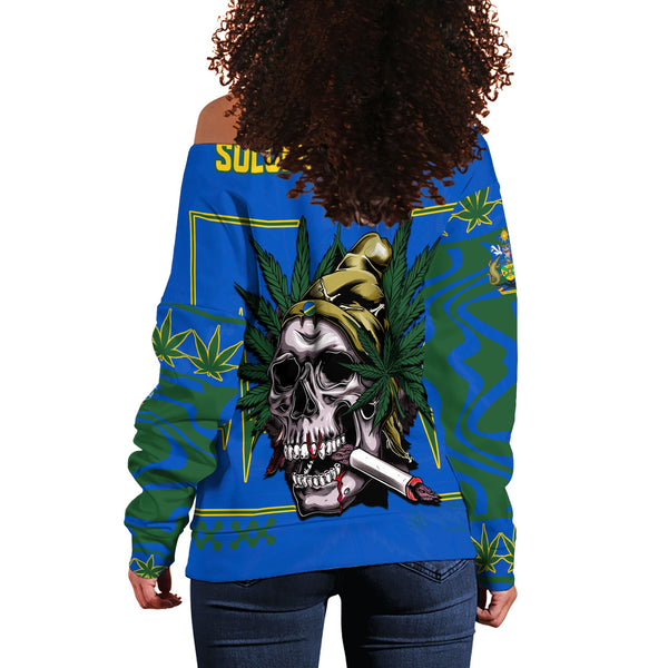 Solomon Islands Women Off Shoulder Sweatshirt Flag & Coat Of Arms Marijuanas Style