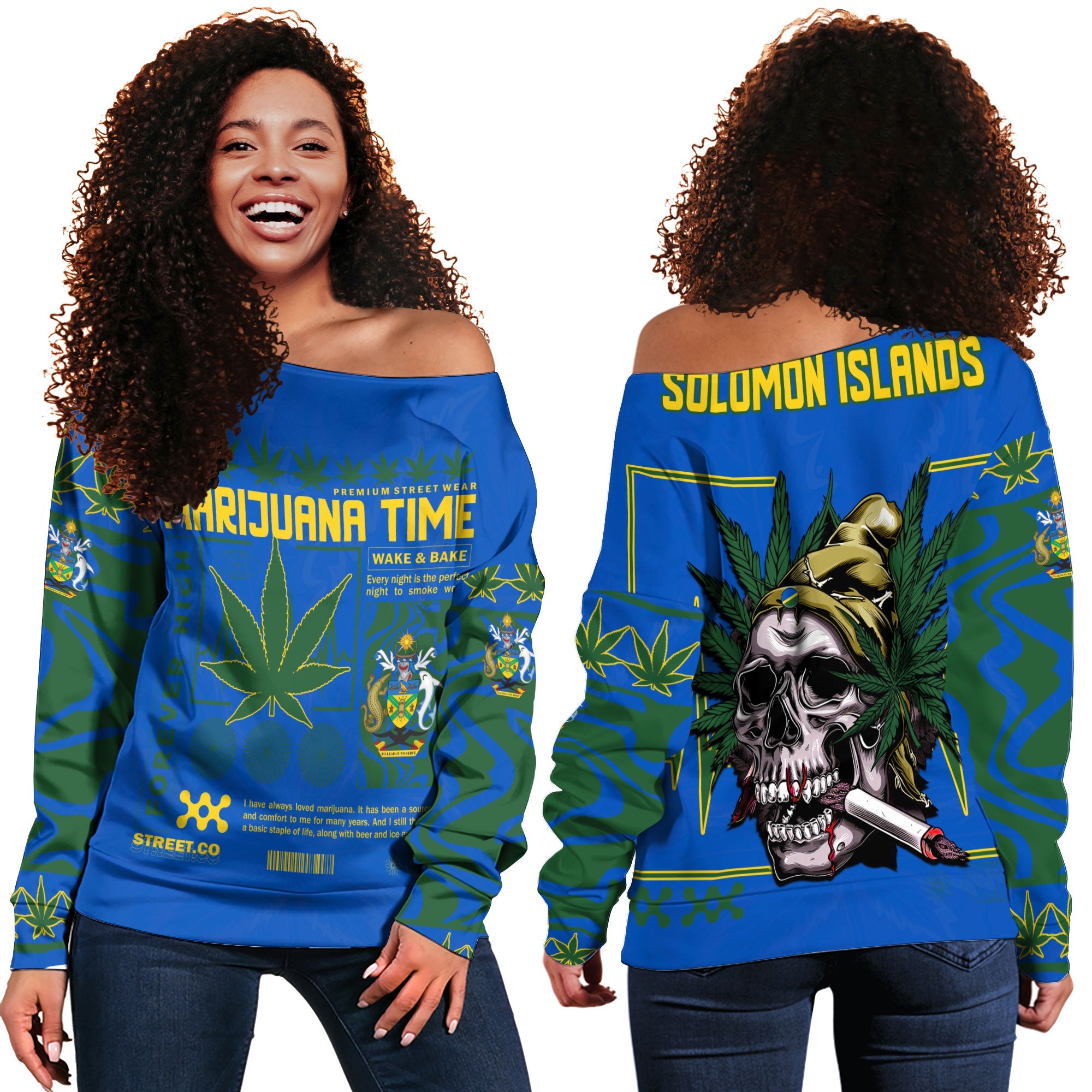 Solomon Islands Women Off Shoulder Sweatshirt Flag & Coat Of Arms Marijuanas Style