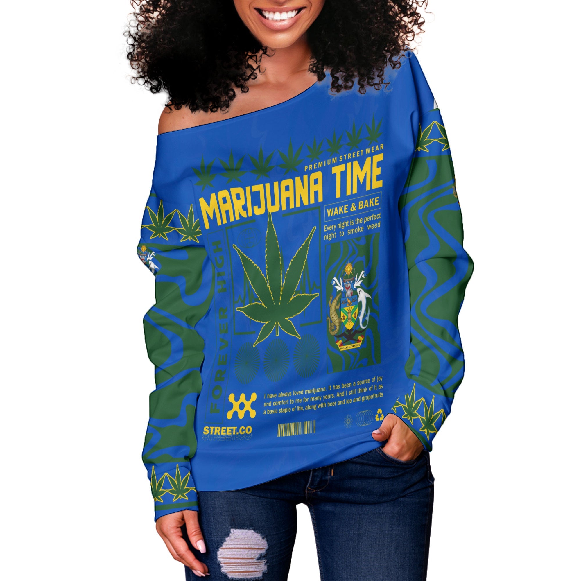 Solomon Islands Women Off Shoulder Sweatshirt Flag & Coat Of Arms Marijuanas Style