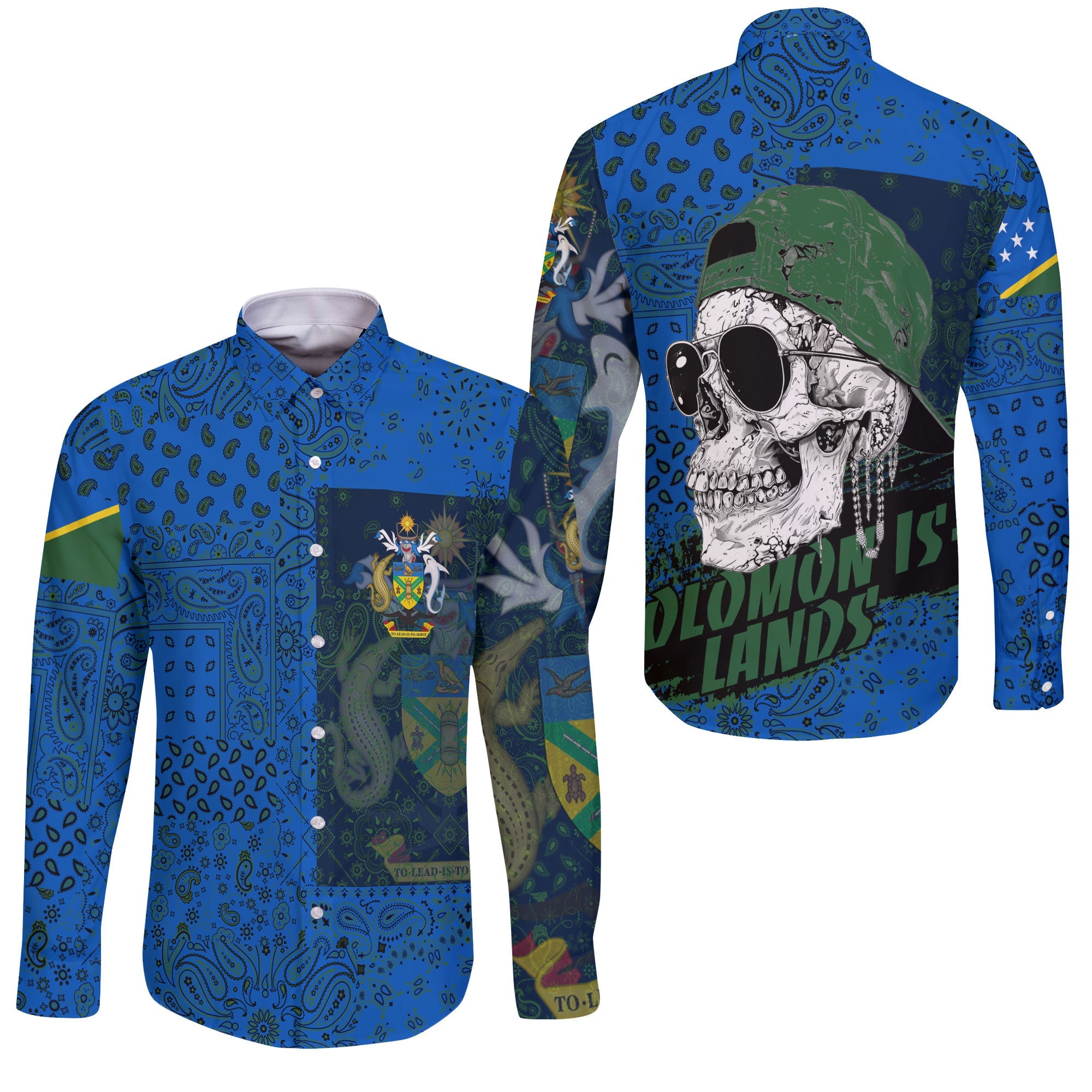 Solomon Islands Long Sleeve Button Shirt Paisley Flag And Skull Style 3