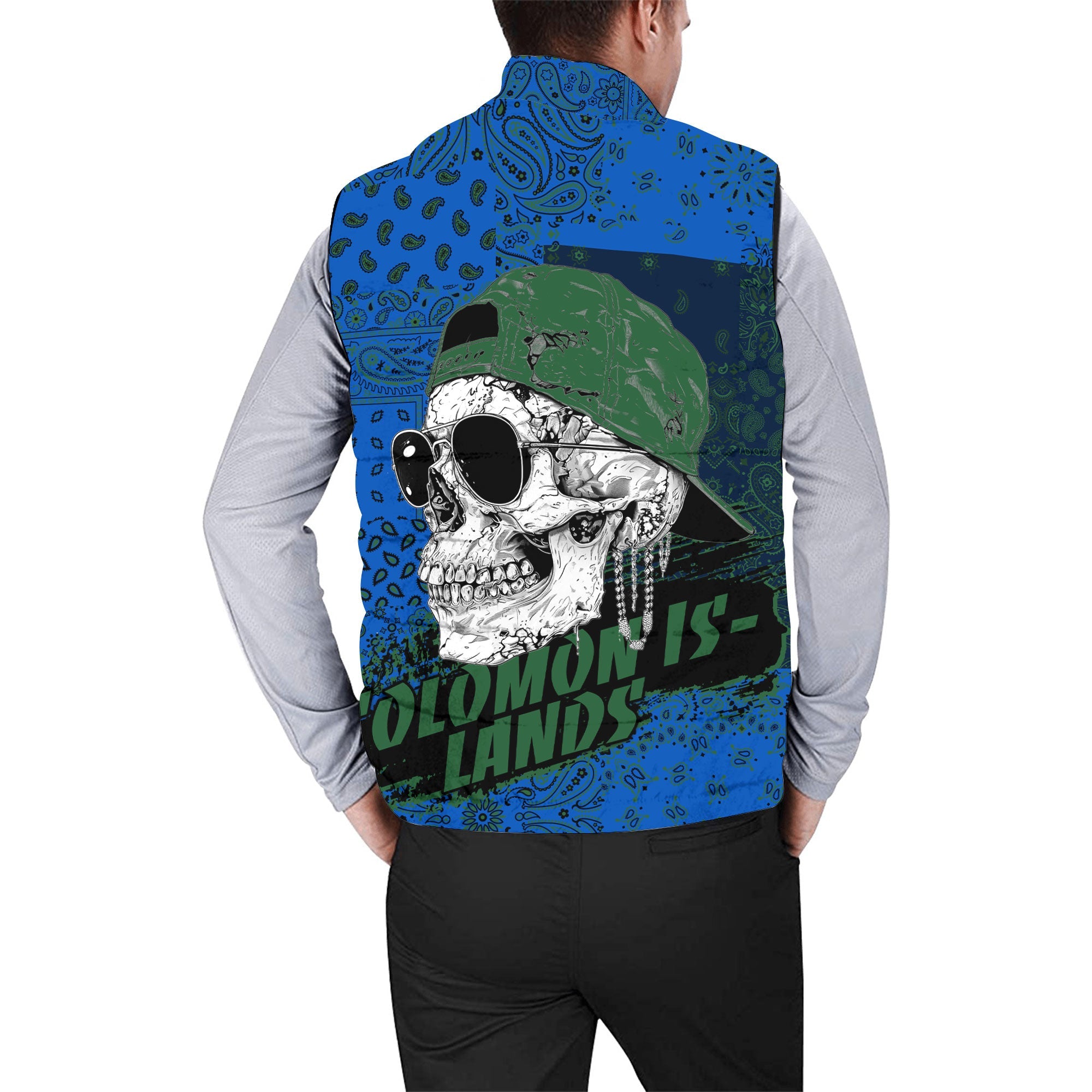 Solomon Islands Men Padded Jacket Vest Paisley Flag And Skull Style 2