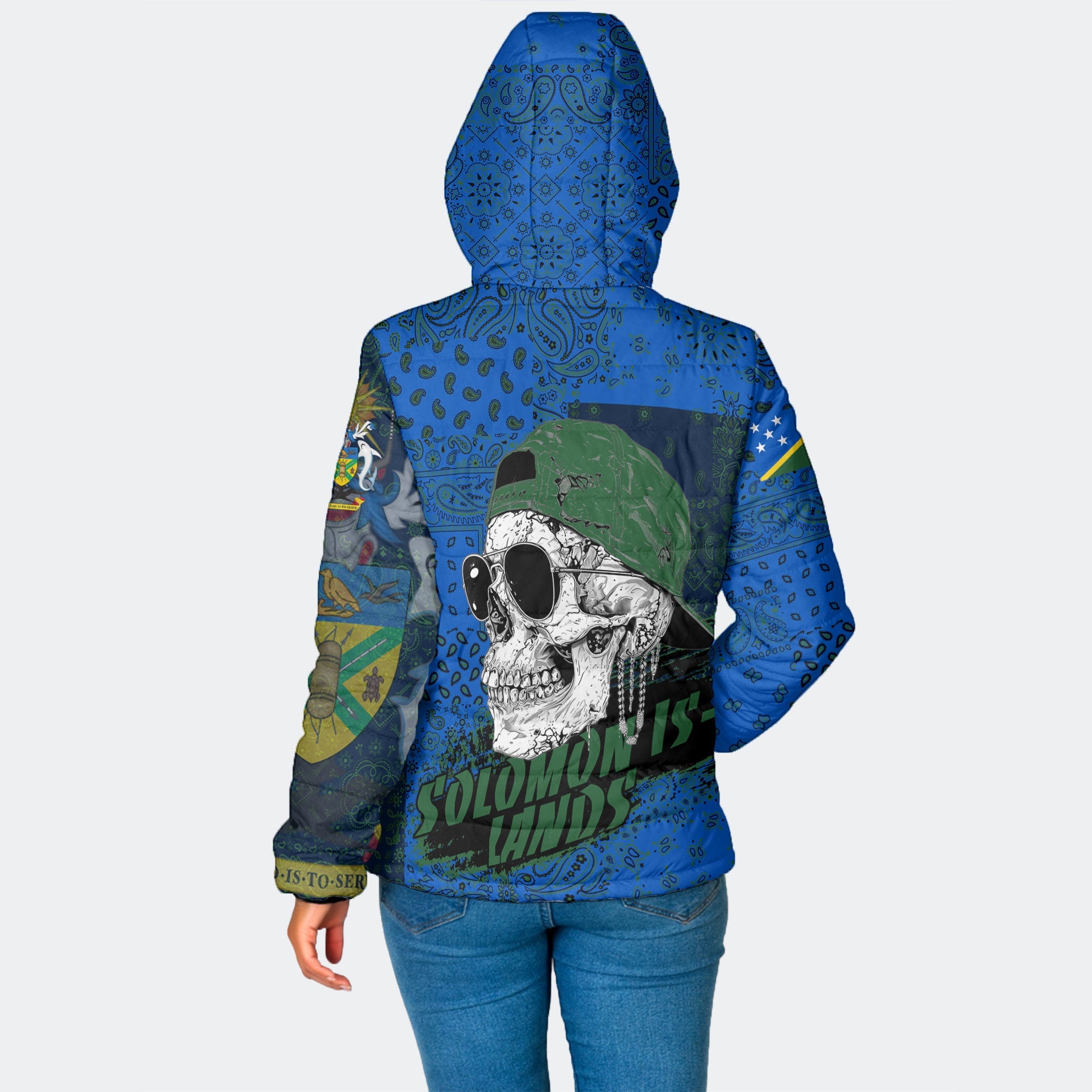 Solomon Islands Women Hooded Padded Jacket Paisley Flag And Skull Style 2