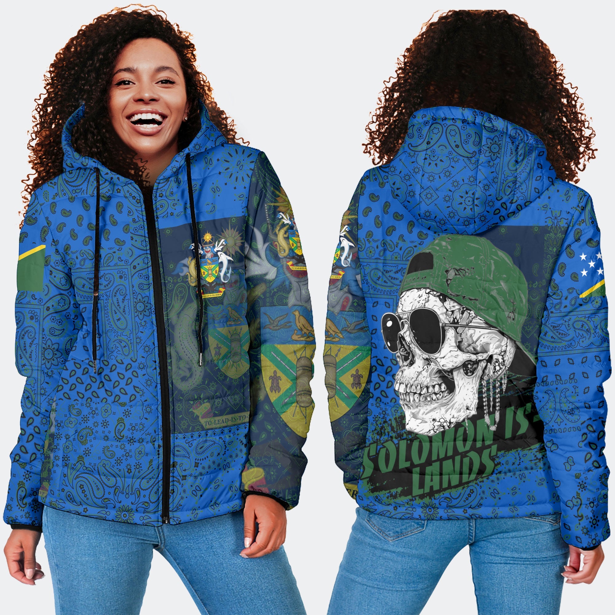 Solomon Islands Women Hooded Padded Jacket Paisley Flag And Skull Style 4