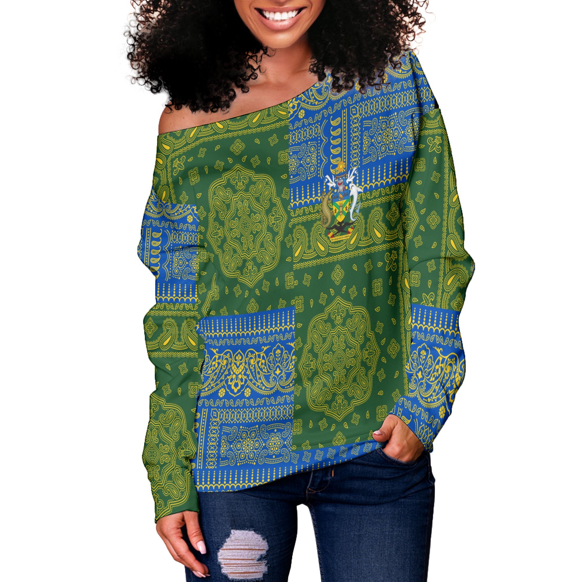 Solomon Islands Women Off Shoulder Sweatshirt Flag And Paisley Basic Style 2