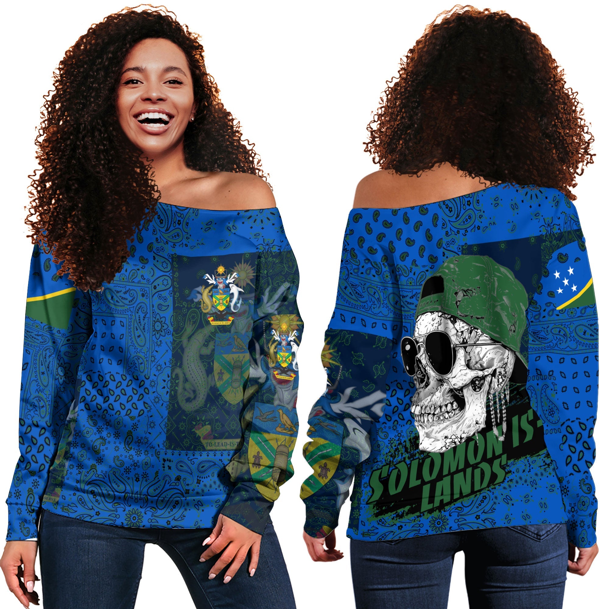 Solomon Islands Women Off Shoulder Sweatshirt Paisley Flag And Skull Style 1