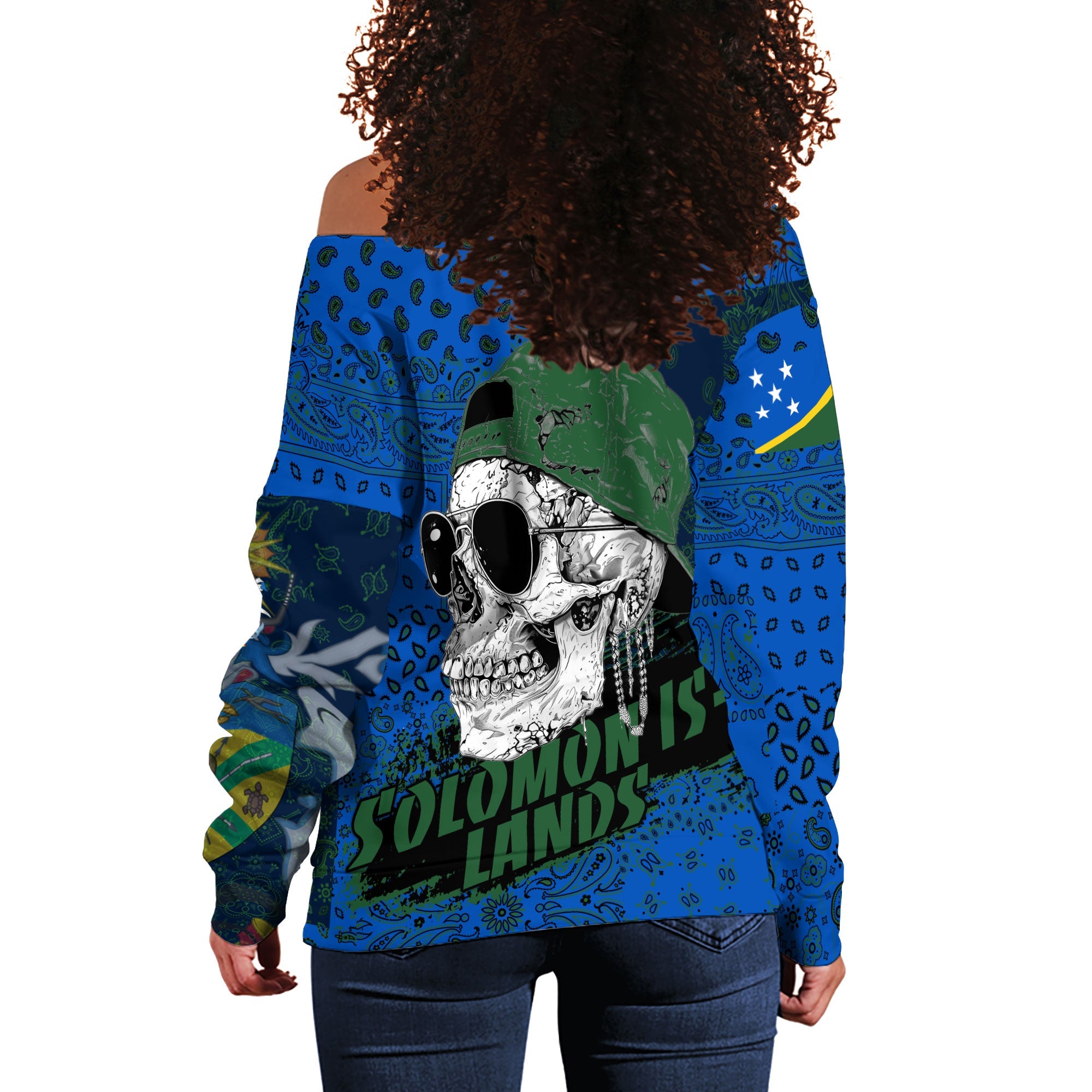 Solomon Islands Women Off Shoulder Sweatshirt Paisley Flag And Skull Style 3