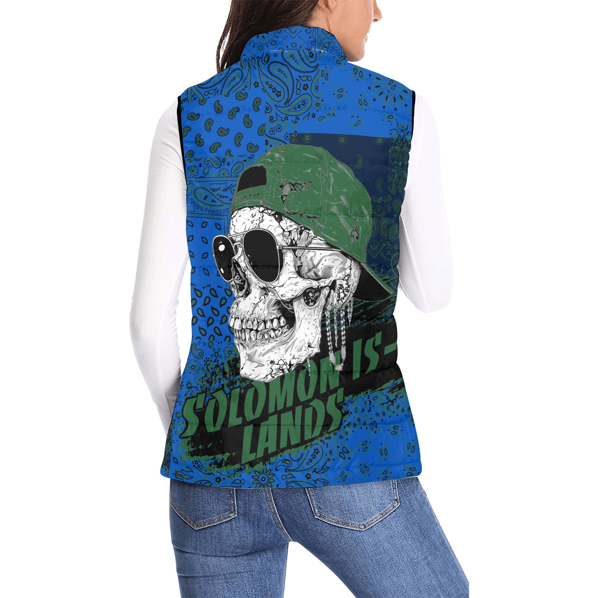 Solomon Islands Women Padded Jacket Vest Paisley Flag And Skull Style 2