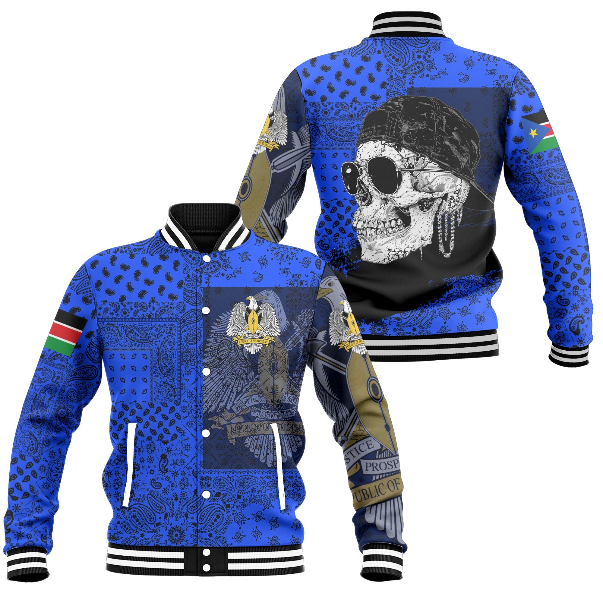 South Sudan Baseball Jacket Paisley Flag And Skull Style 1