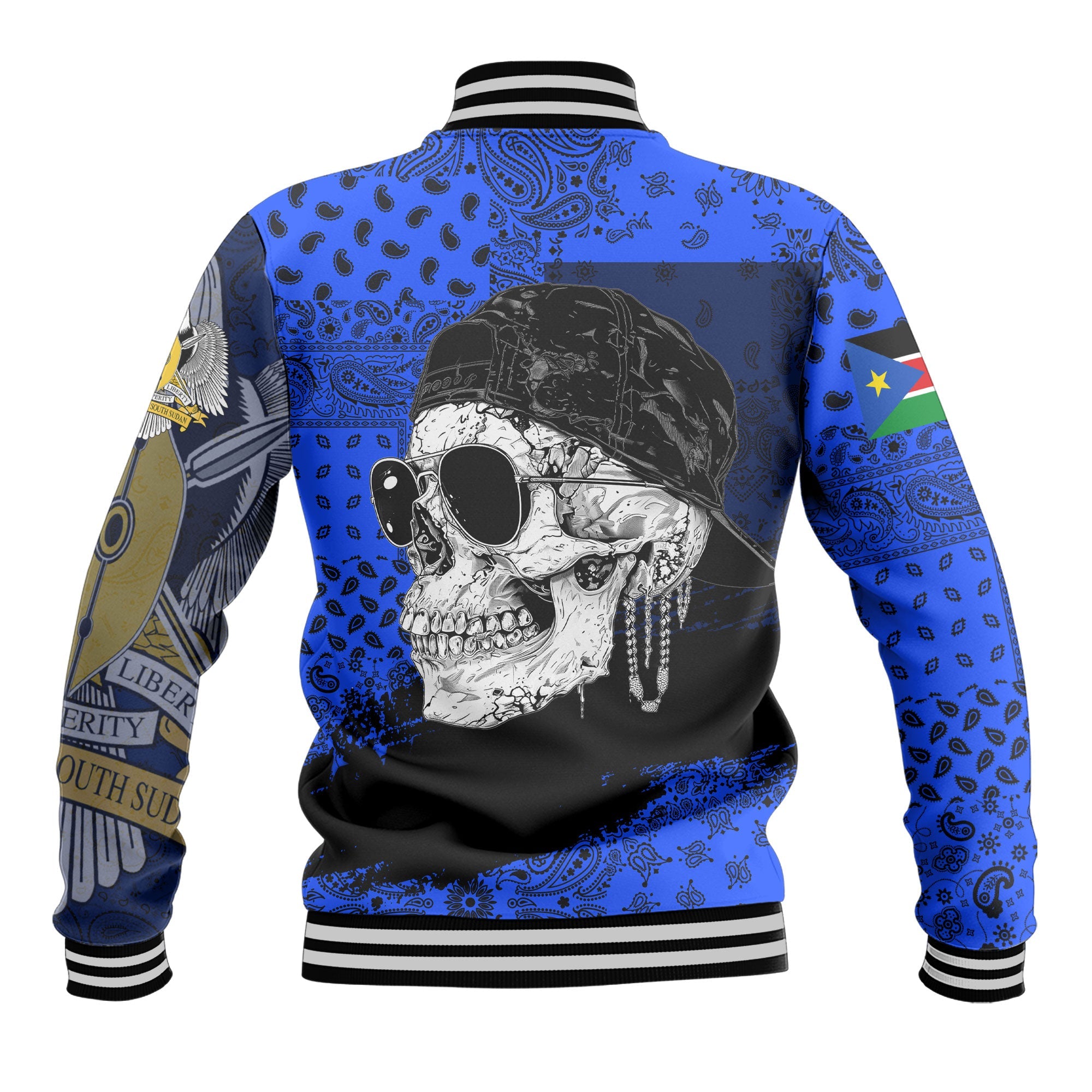 South Sudan Baseball Jacket Paisley Flag And Skull Style 3