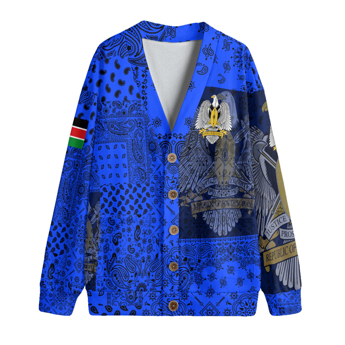 South Sudan Fleece Cardigan Paisley Flag And Skull Style 1