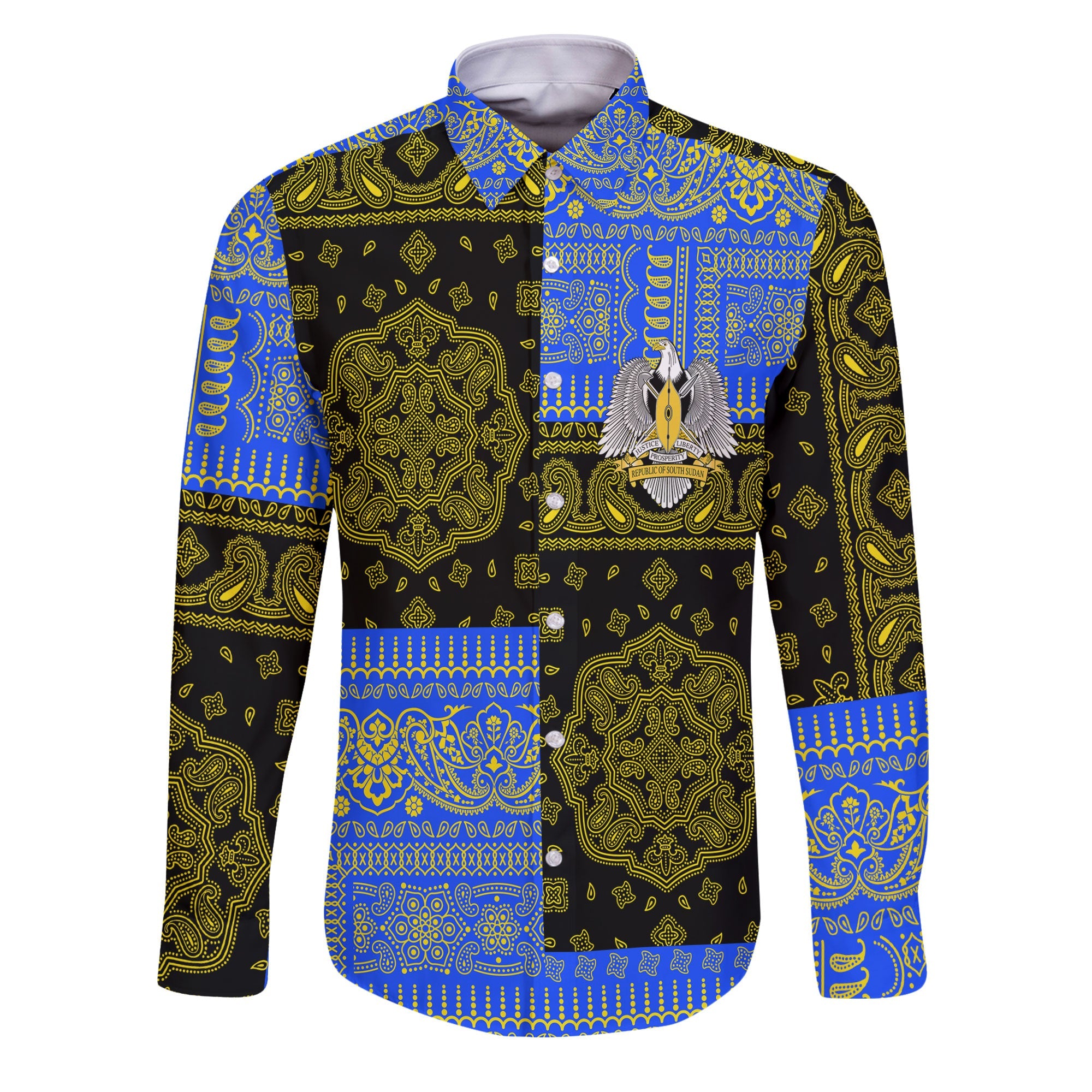 South Sudan Long Sleeve Button Shirt Flag And Paisley Basic Style 1