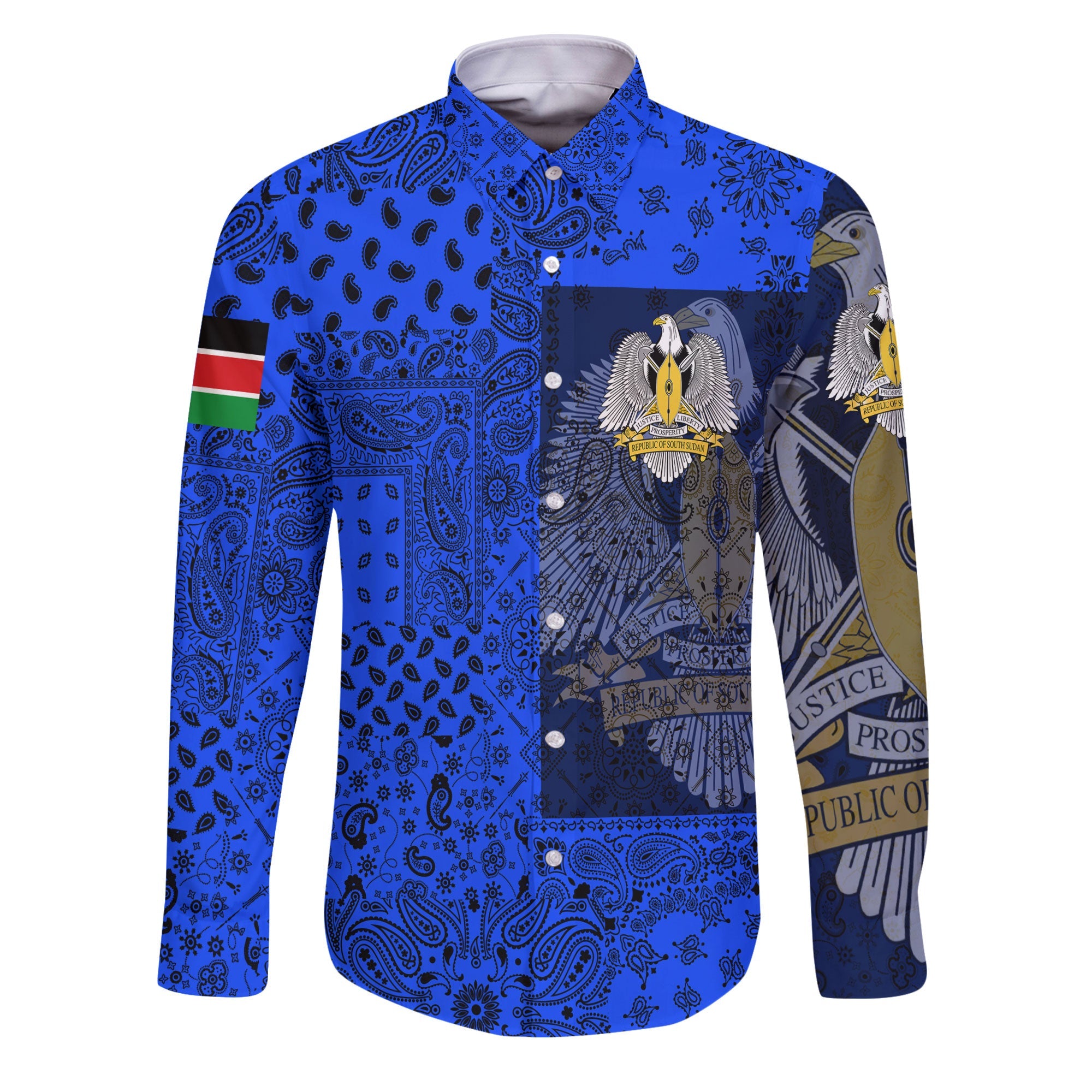 South Sudan Long Sleeve Button Shirt Paisley Flag And Skull Style 1