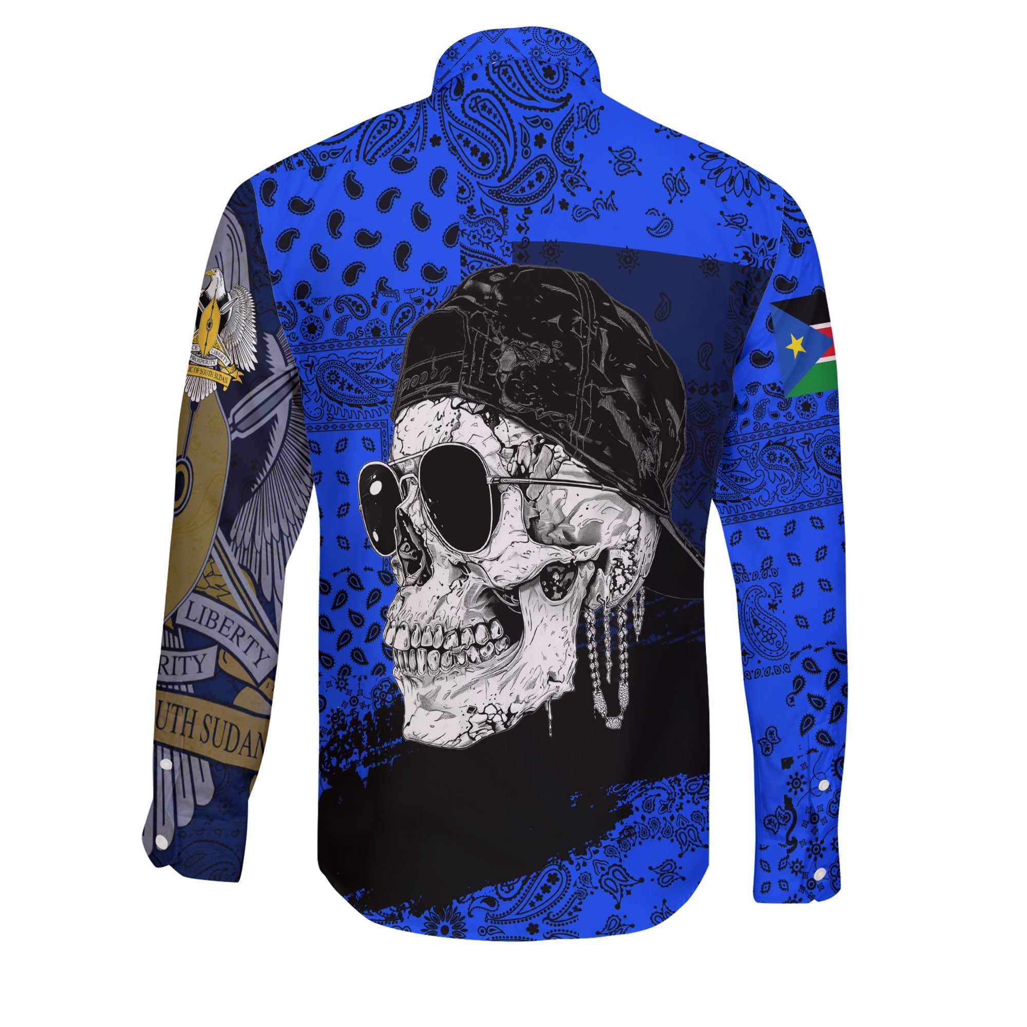 South Sudan Long Sleeve Button Shirt Paisley Flag And Skull Style 2