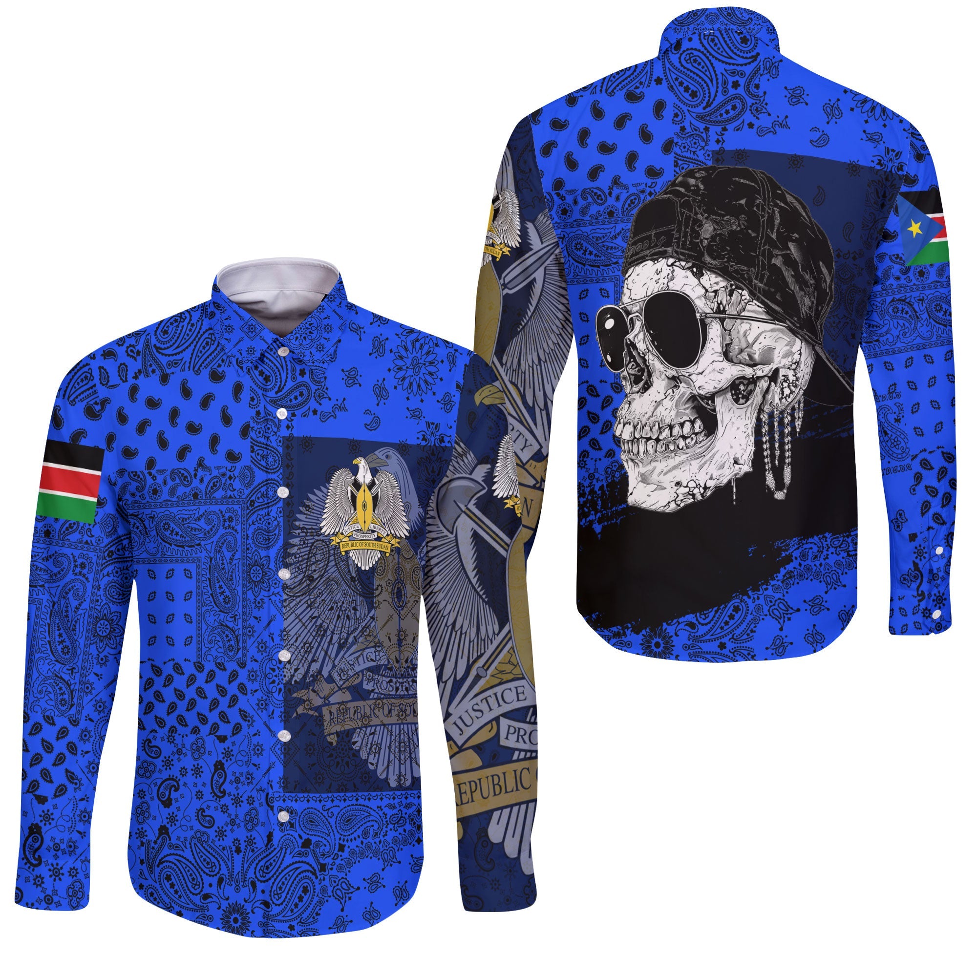 South Sudan Long Sleeve Button Shirt Paisley Flag And Skull Style 3