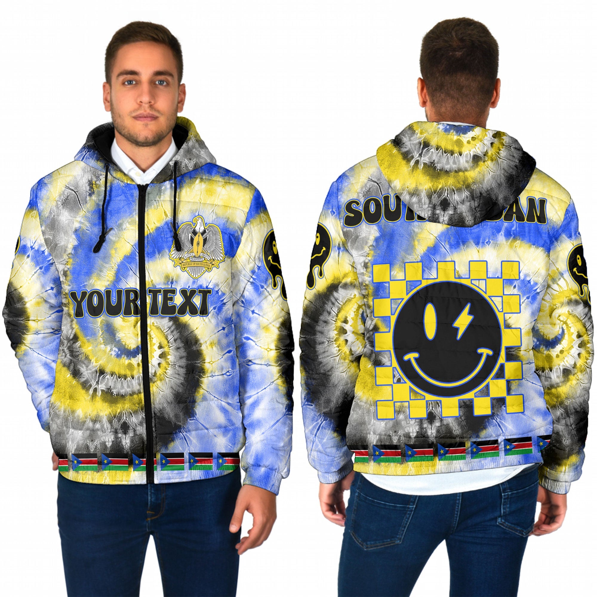 South Sudan Men Hooded Padded Jacket Custom Tie Dye Style 1