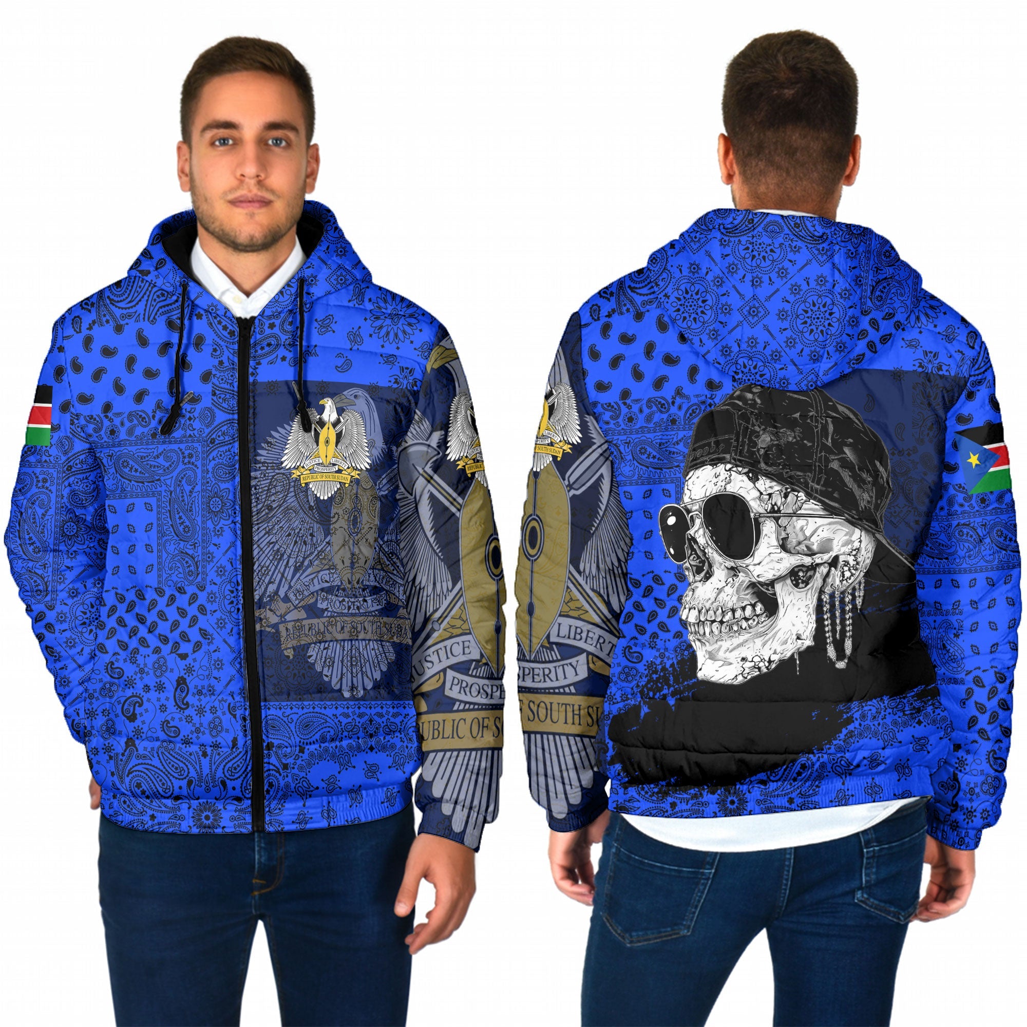 South Sudan Men Hooded Padded Jacket Paisley Flag And Skull Style 1