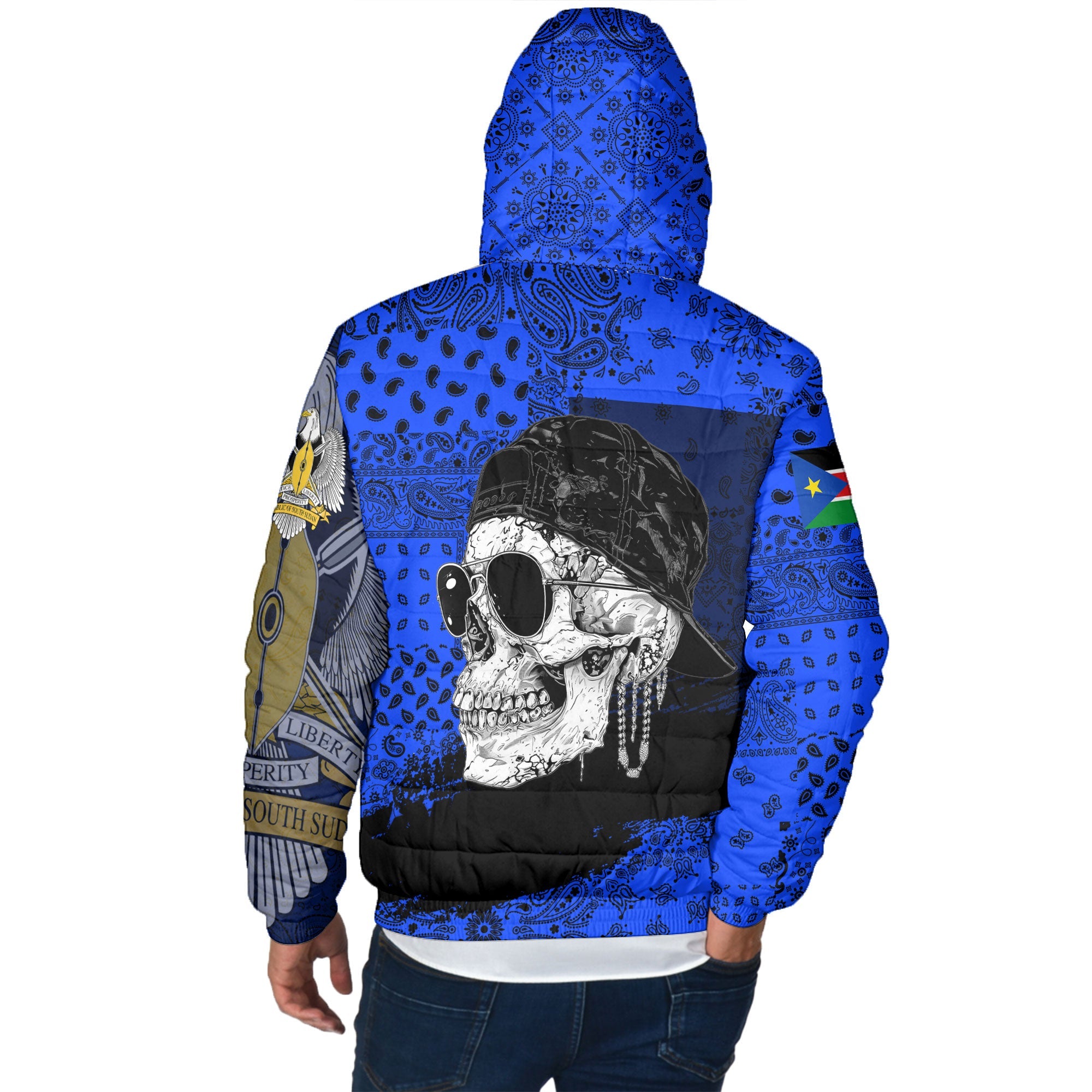 South Sudan Men Hooded Padded Jacket Paisley Flag And Skull Style 3