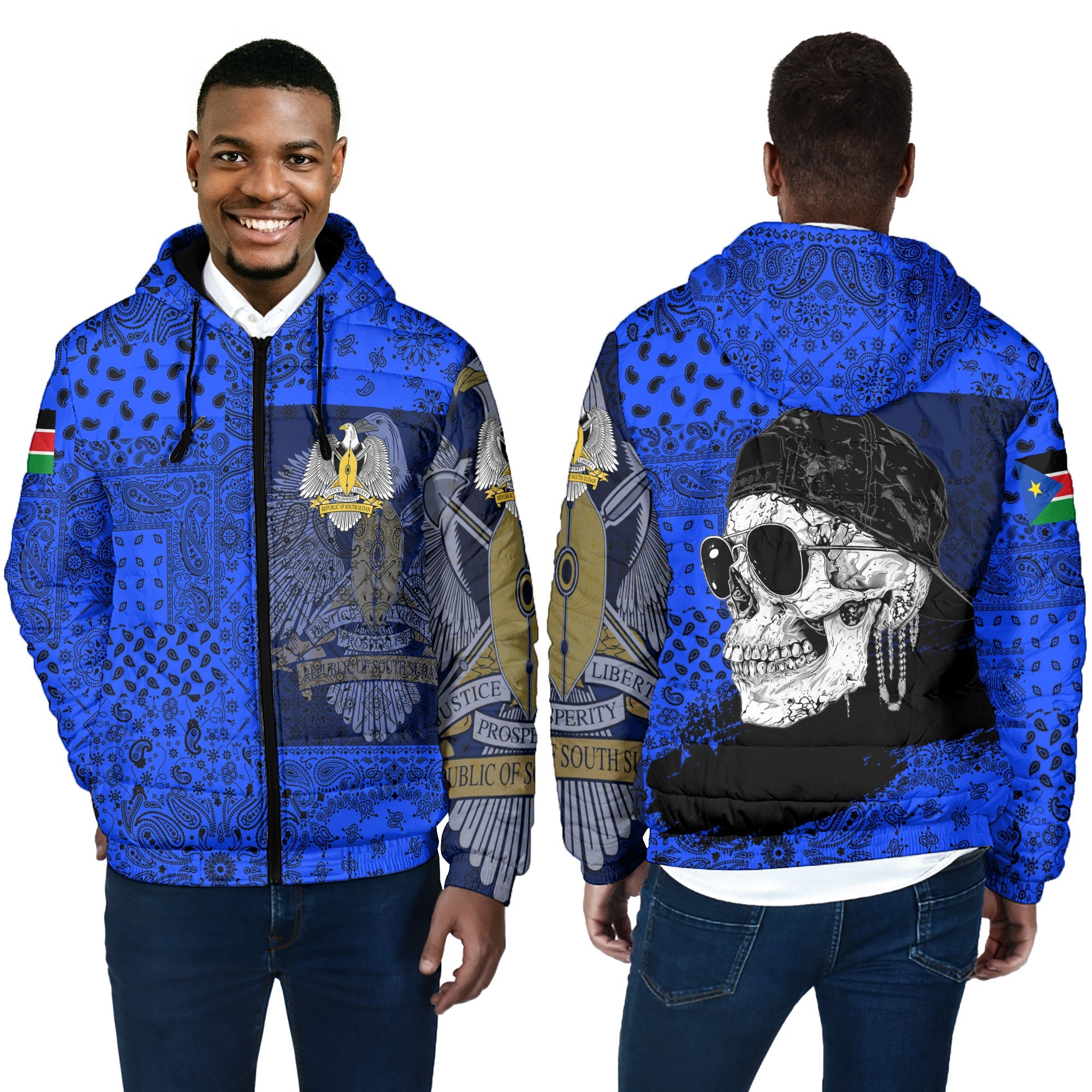 South Sudan Men Hooded Padded Jacket Paisley Flag And Skull Style 4