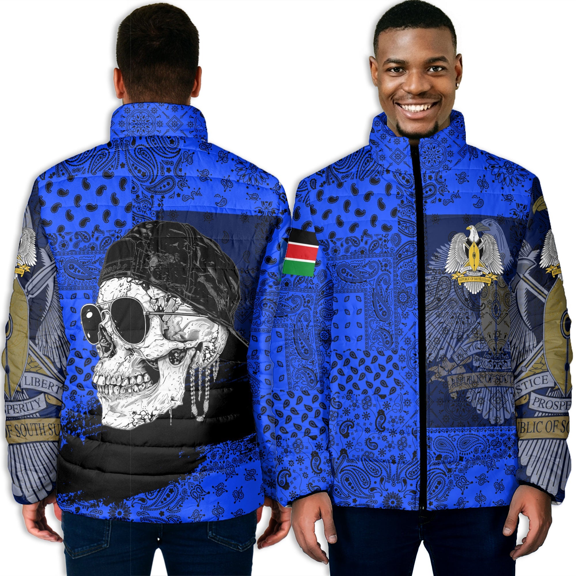 South Sudan Men Padded Jacket Paisley Flag And Skull Style 3