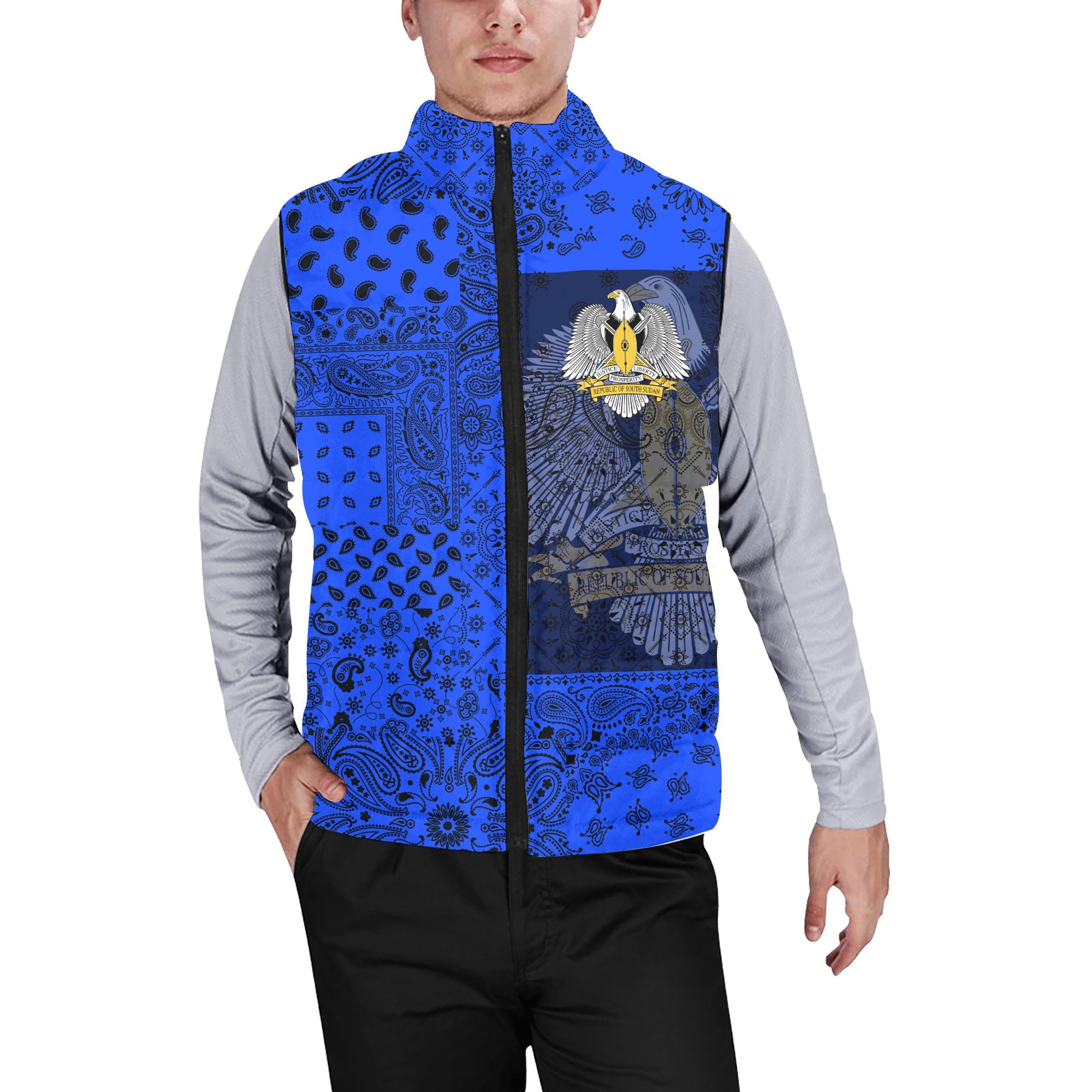 South Sudan Men Padded Jacket Vest Paisley Flag And Skull Style 1