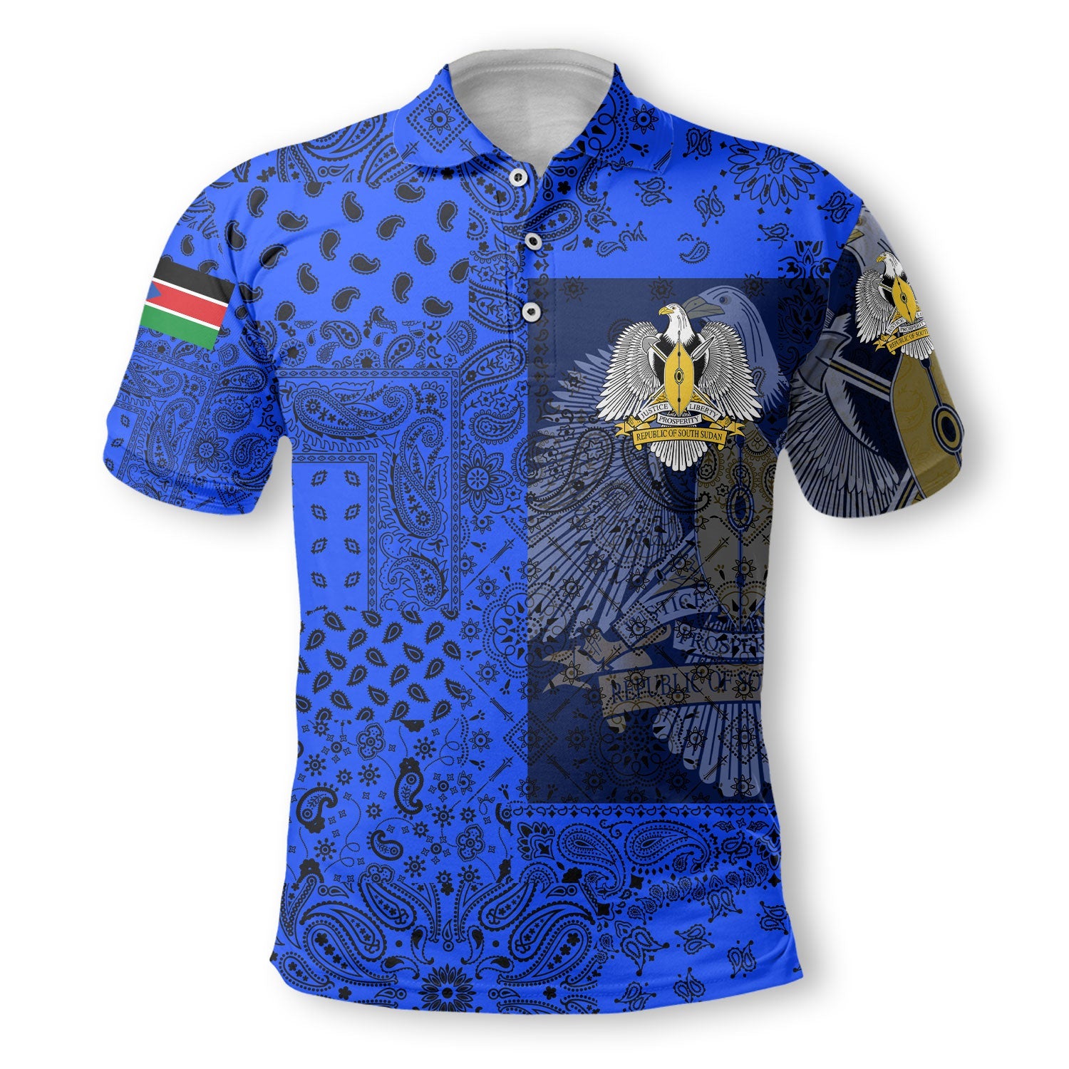 South Sudan Polo Shirt Paisley Flag And Skull Style 2