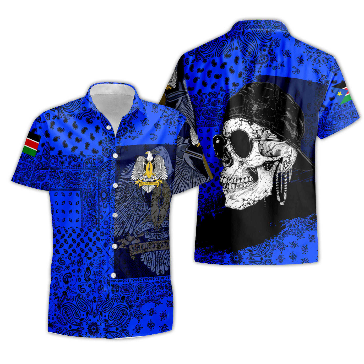 South Sudan Short Sleeve Shirt Paisley Flag And Skull Style 3