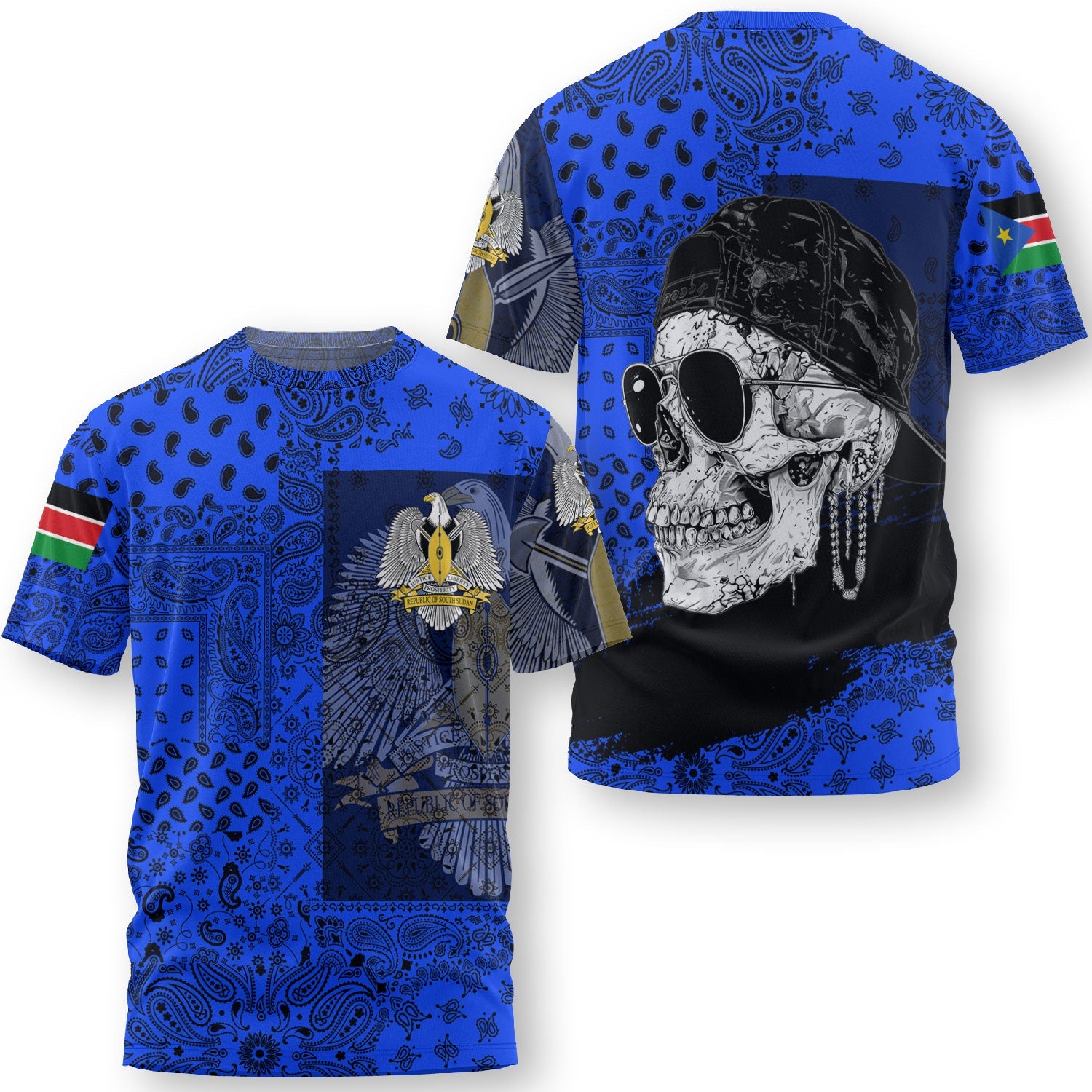 South Sudan T Shirt Paisley Flag And Skull Style 3