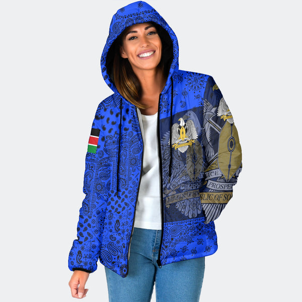 South Sudan Women Hooded Padded Jacket Paisley Flag And Skull Style 1