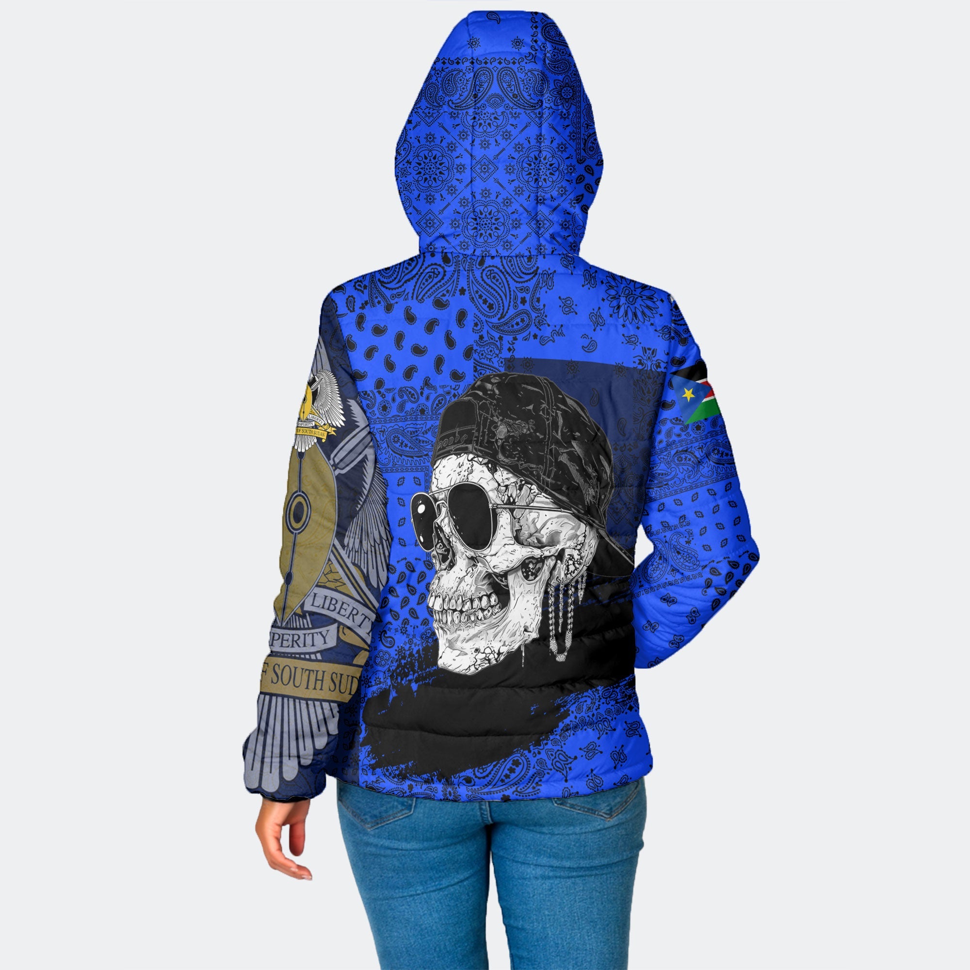 South Sudan Women Hooded Padded Jacket Paisley Flag And Skull Style 2