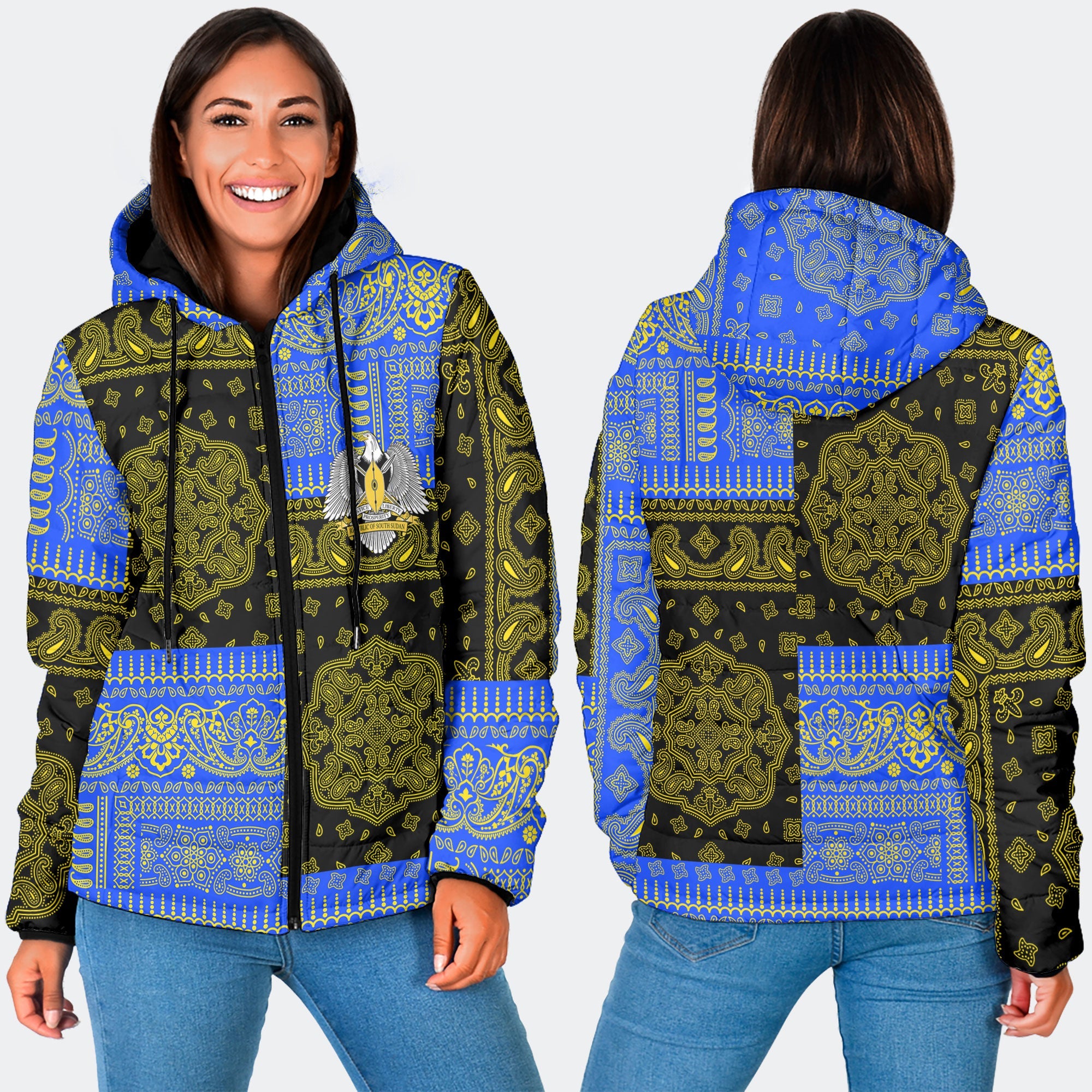 South Sudan Women Hooded Padded Jacket Flag And Paisley Basic Style 3