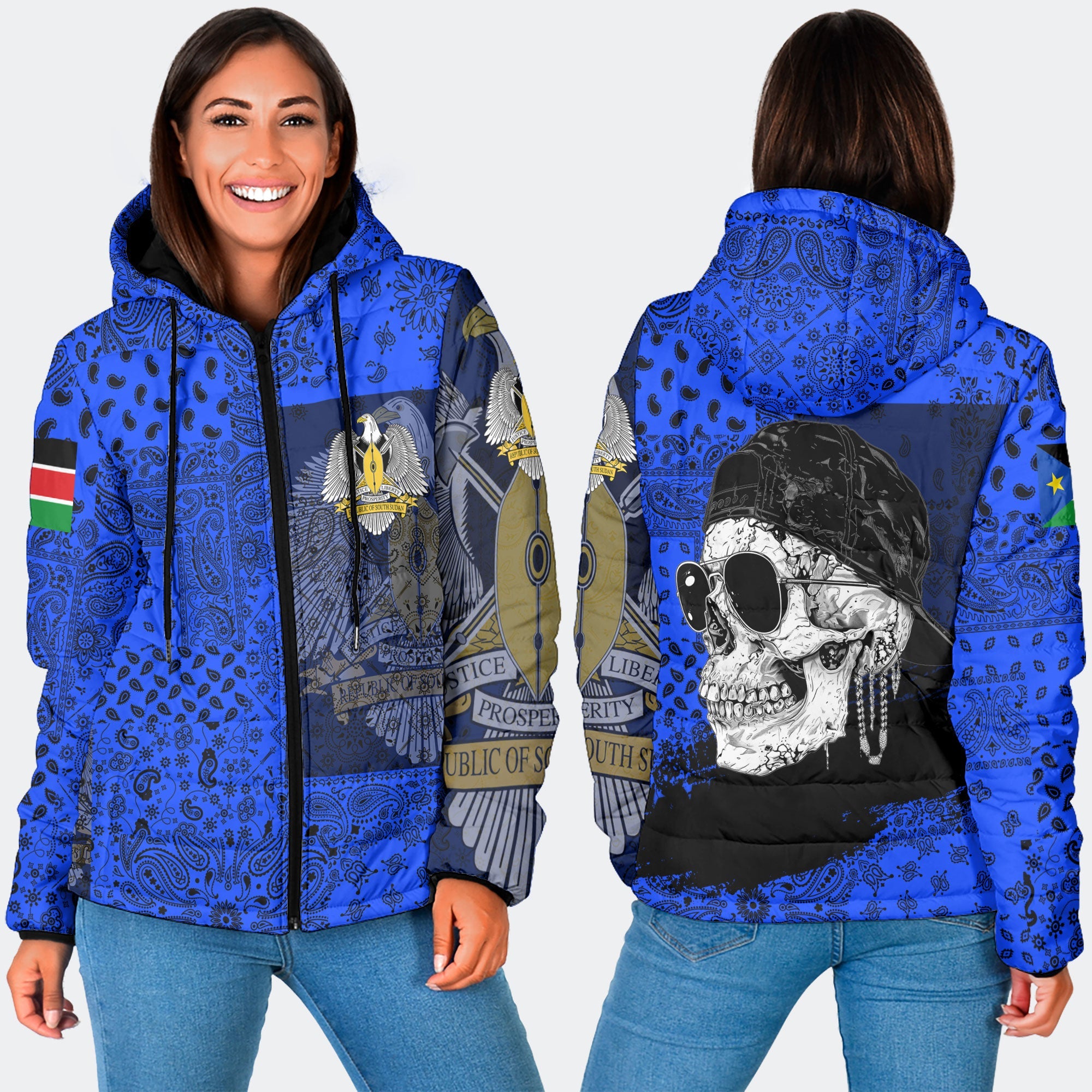 South Sudan Women Hooded Padded Jacket Paisley Flag And Skull Style 3