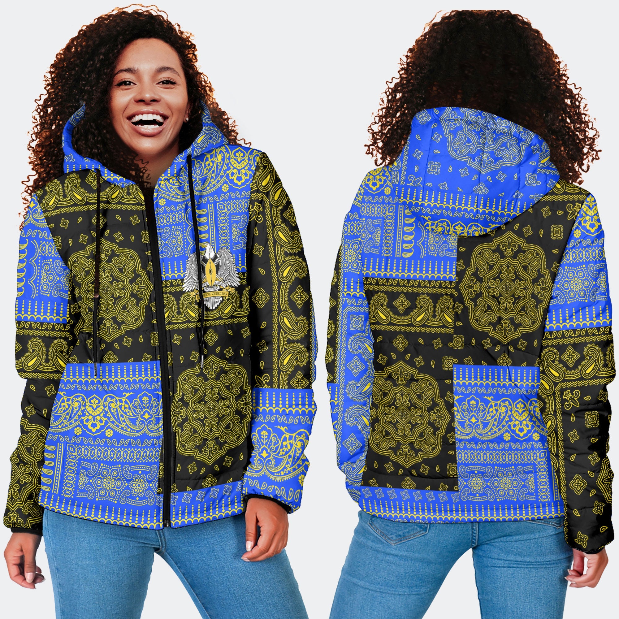 South Sudan Women Hooded Padded Jacket Flag And Paisley Basic Style 4