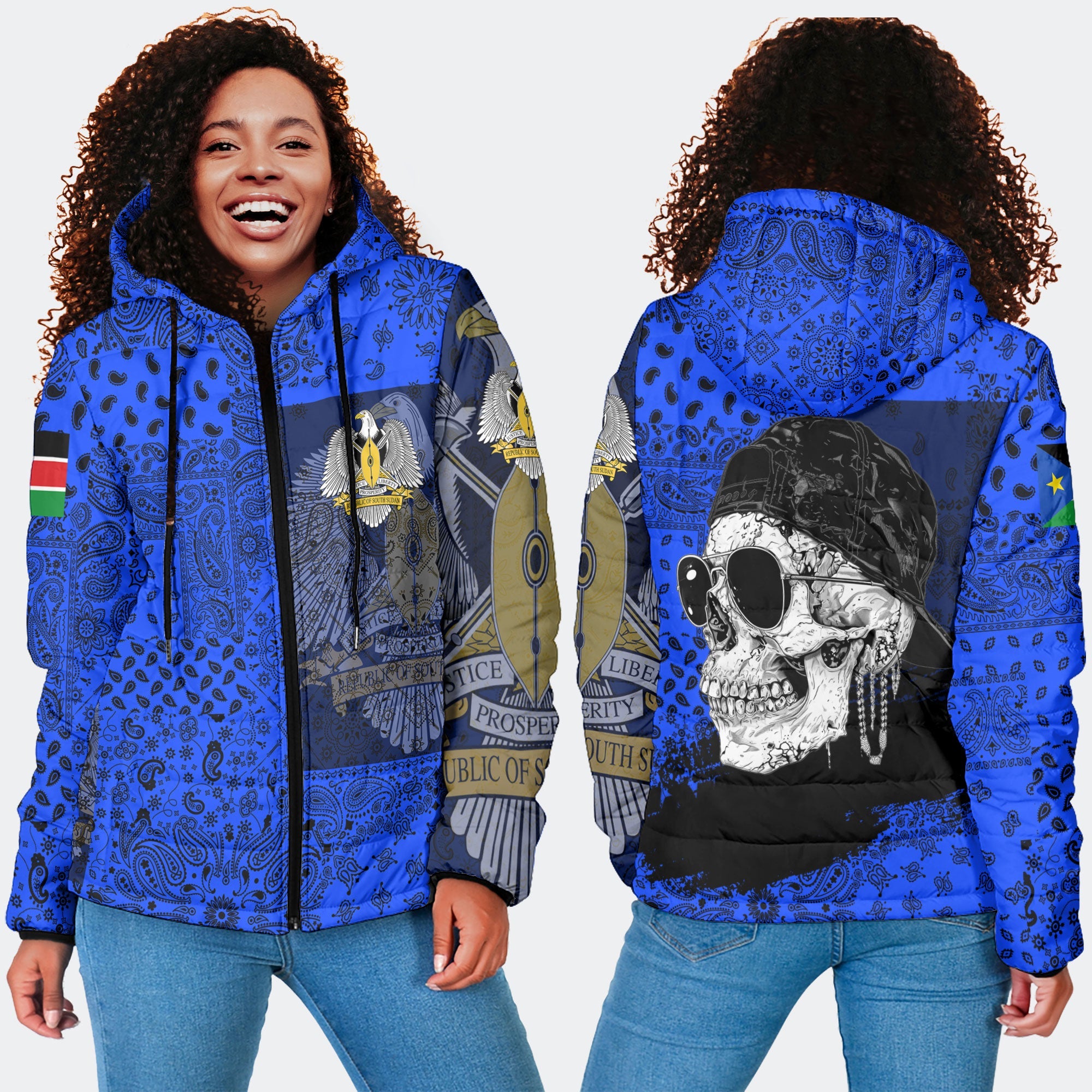 South Sudan Women Hooded Padded Jacket Paisley Flag And Skull Style 4