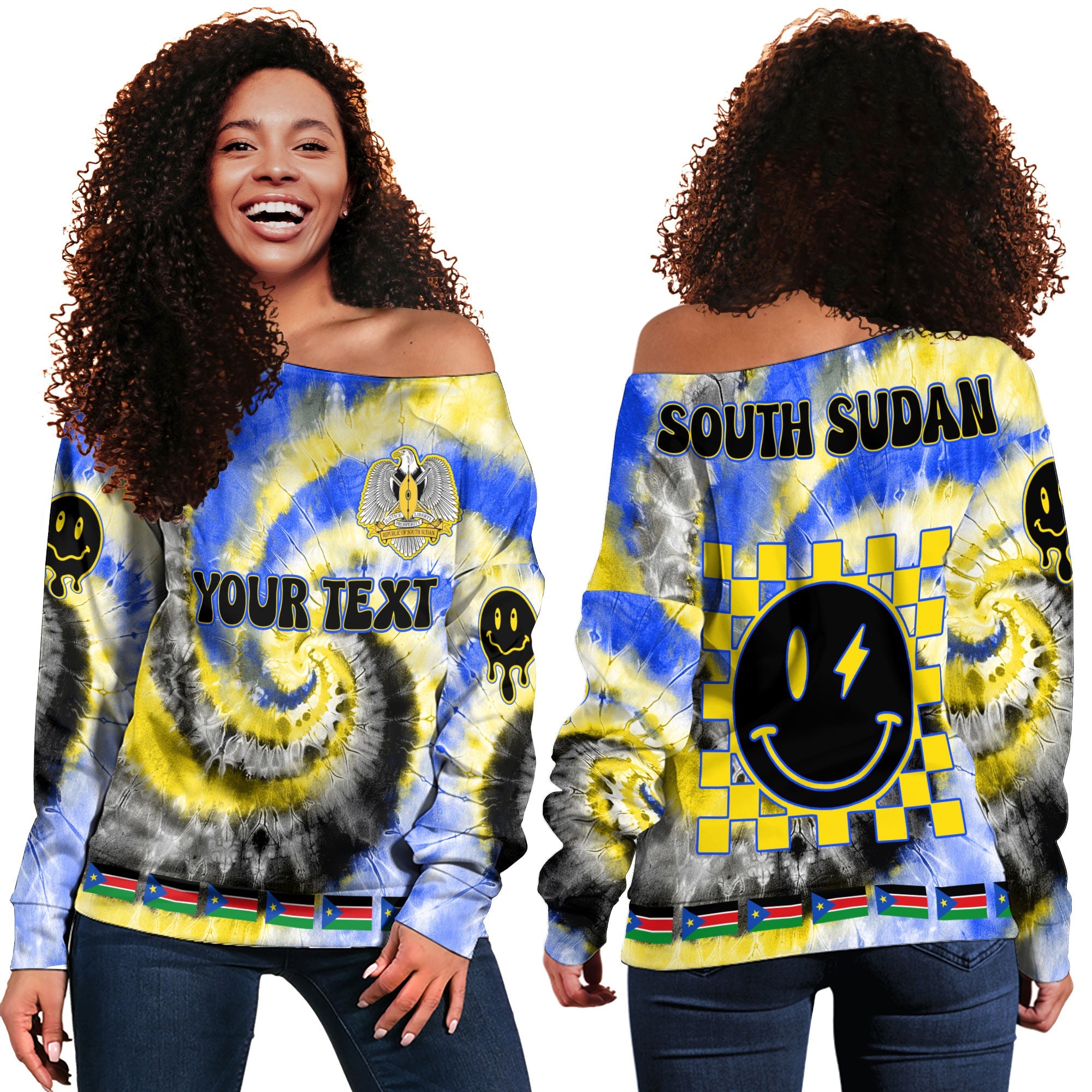 South Sudan Women Off Shoulder Sweatshirt Custom Tie Dye Style 2