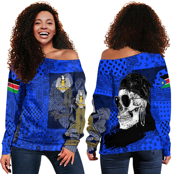 South Sudan Women Off Shoulder Sweatshirt Paisley Flag And Skull Style 1