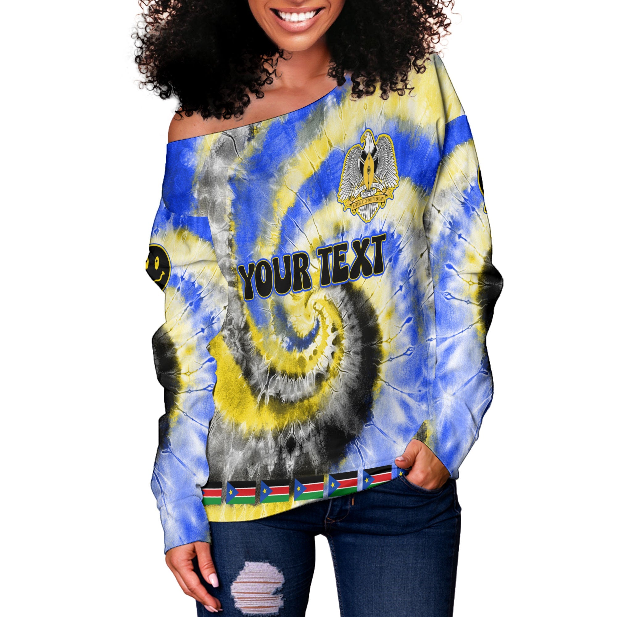 South Sudan Women Off Shoulder Sweatshirt Custom Tie Dye Style 3