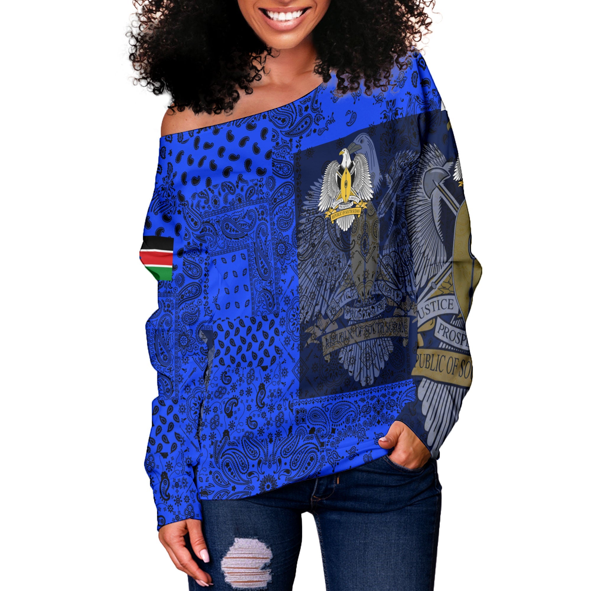 South Sudan Women Off Shoulder Sweatshirt Paisley Flag And Skull Style 2