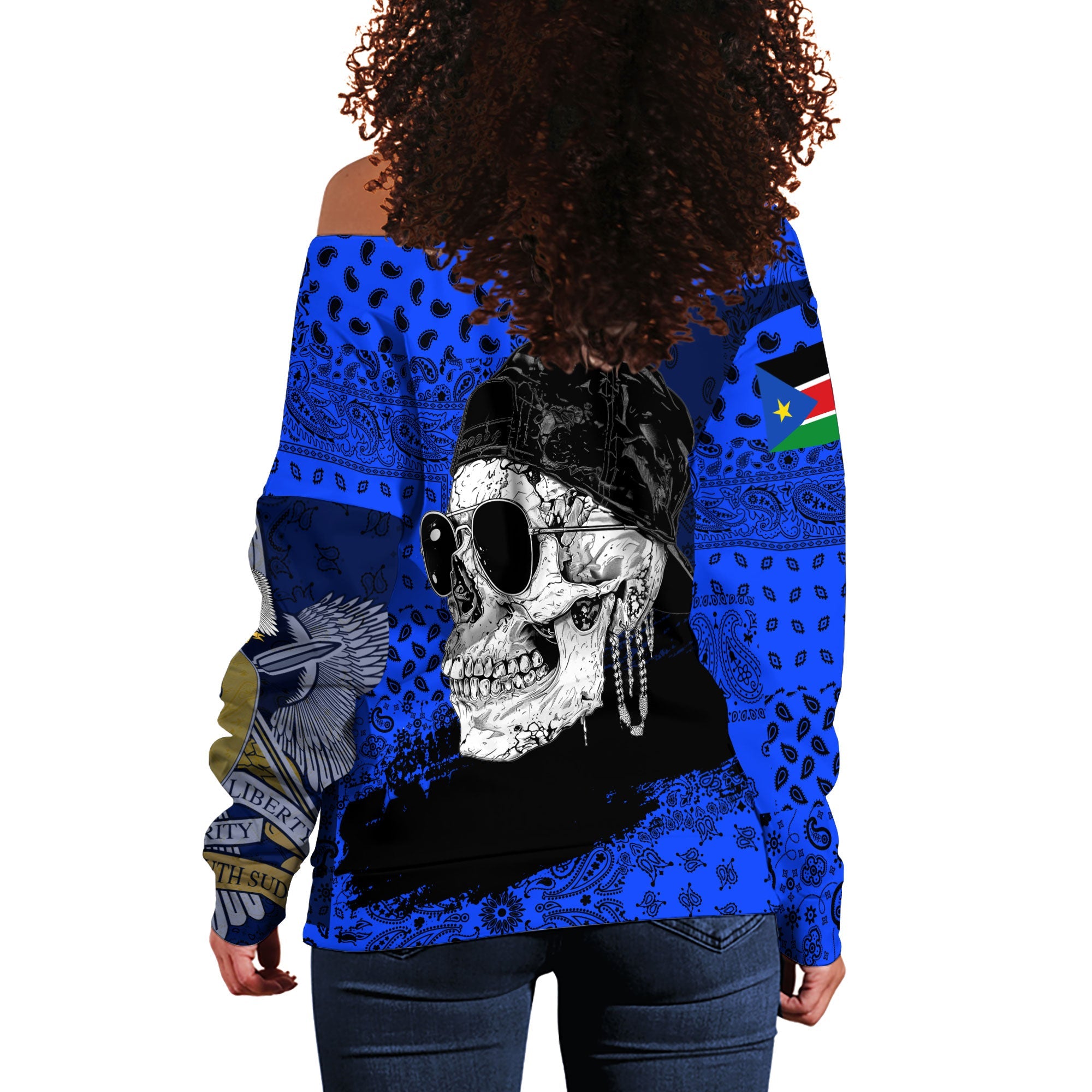 South Sudan Women Off Shoulder Sweatshirt Paisley Flag And Skull Style 3