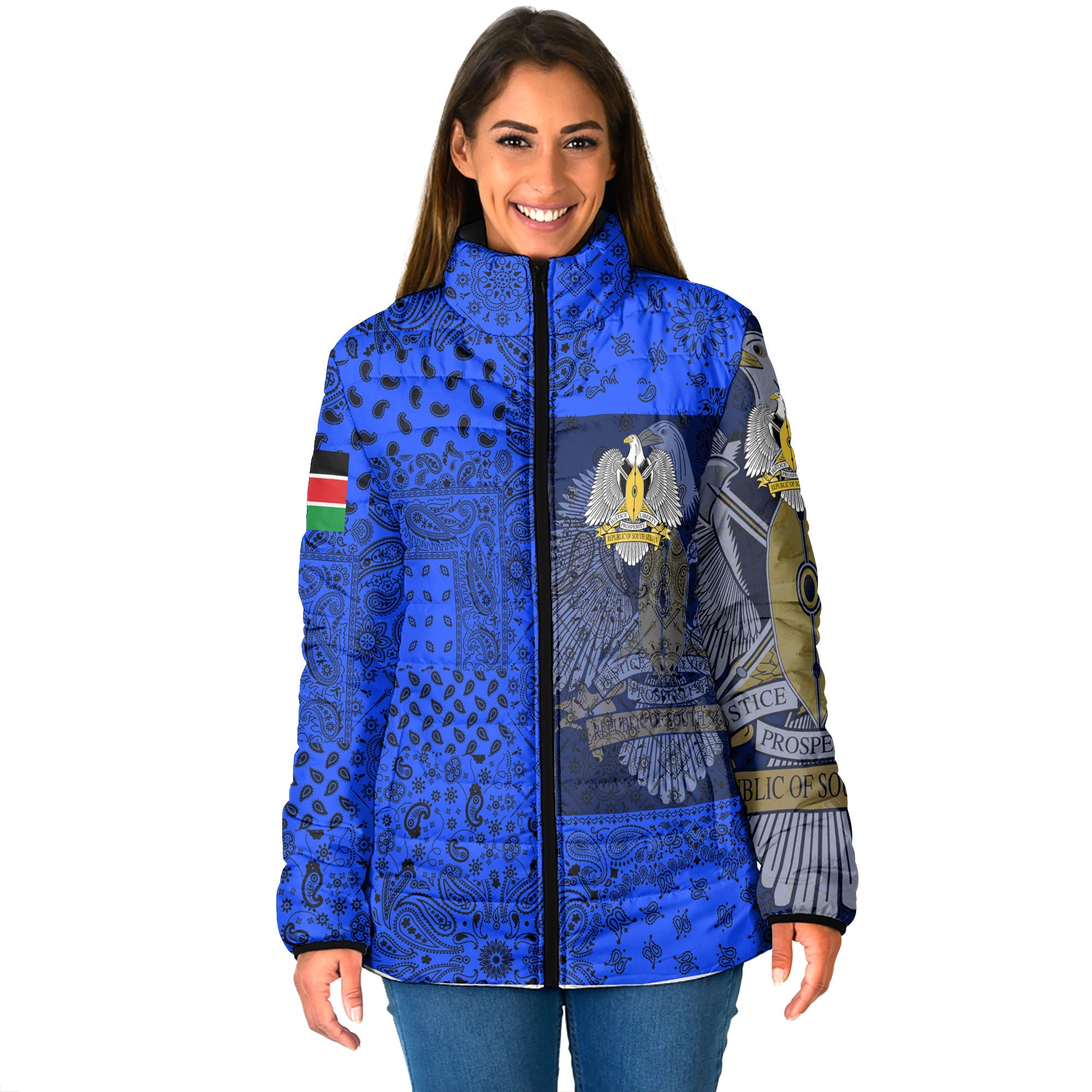 South Sudan Women Padded Jacket Paisley Flag And Skull Style 1