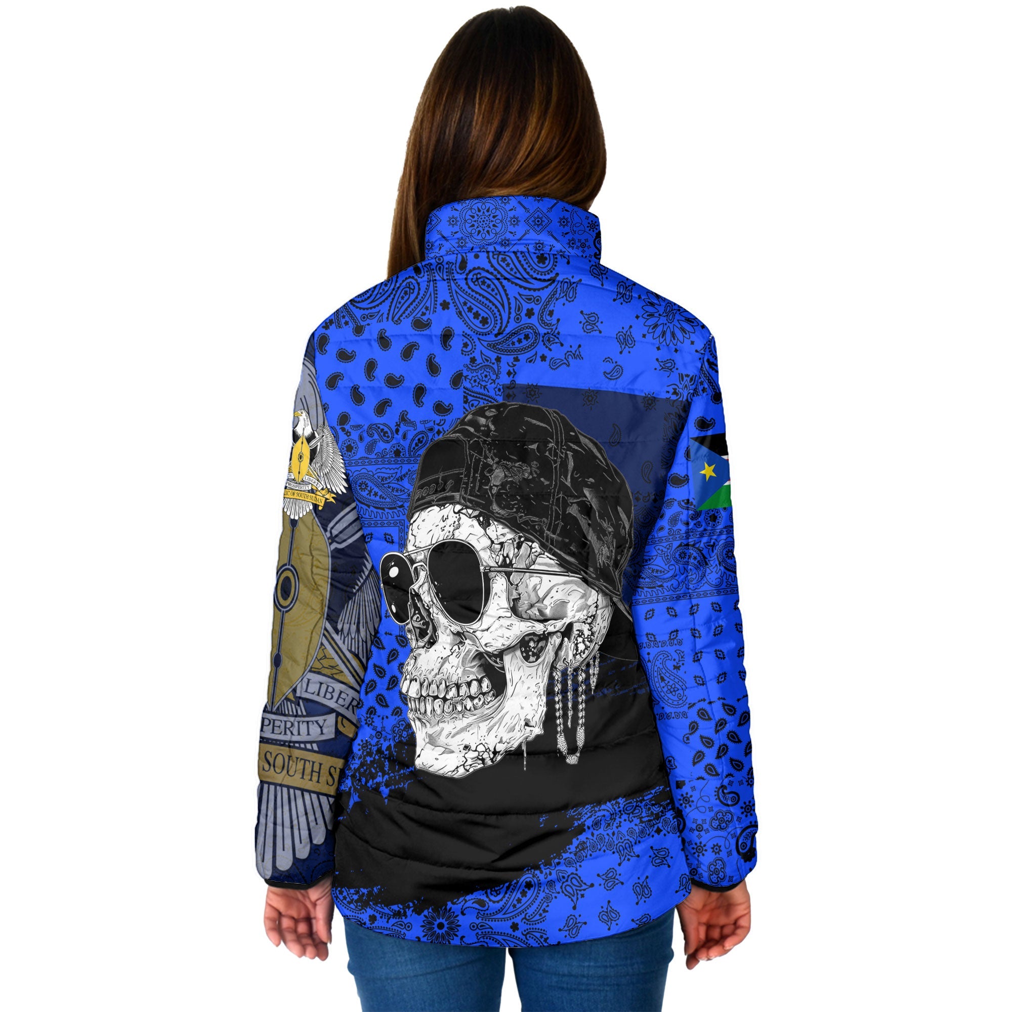 South Sudan Women Padded Jacket Paisley Flag And Skull Style 2