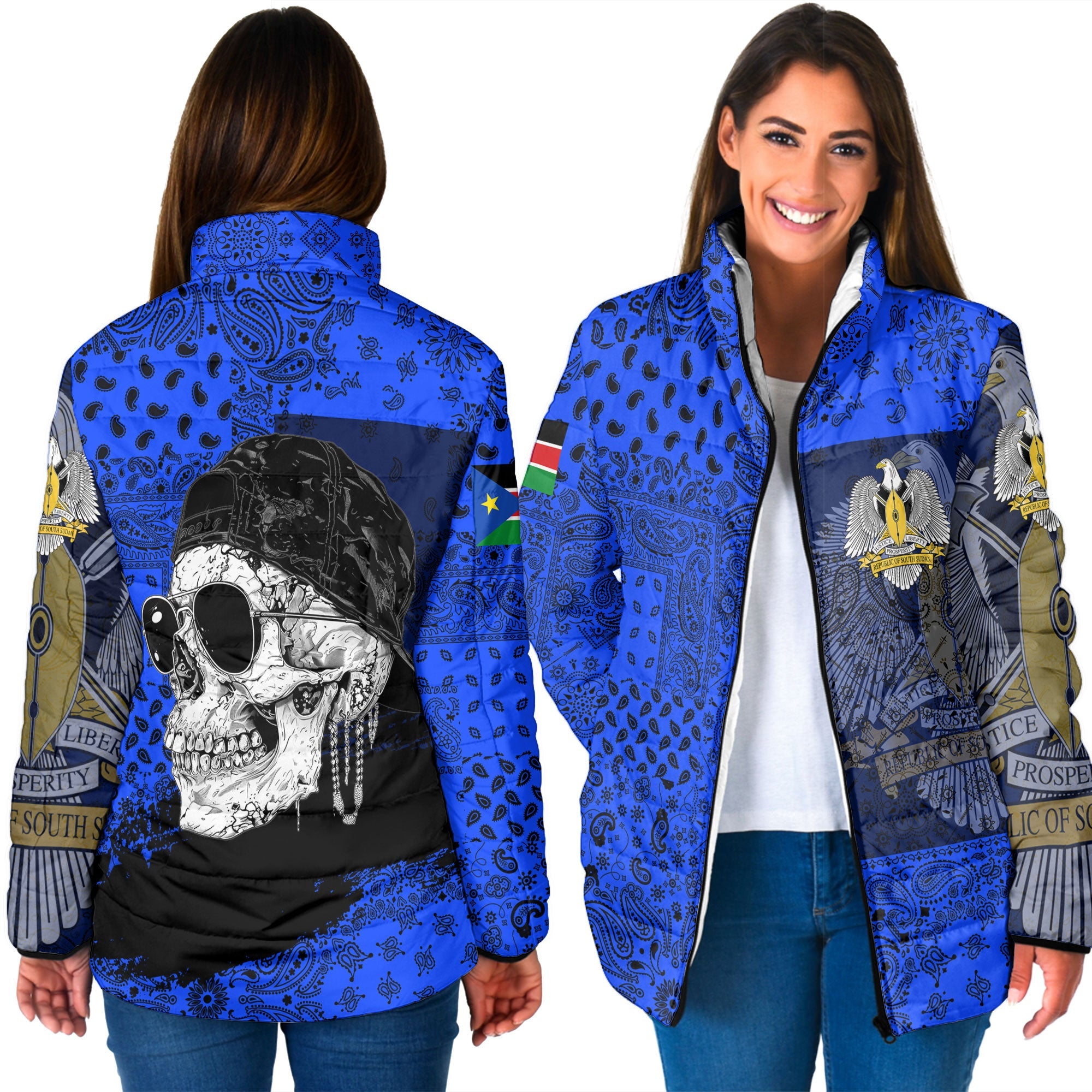 South Sudan Women Padded Jacket Paisley Flag And Skull Style 3