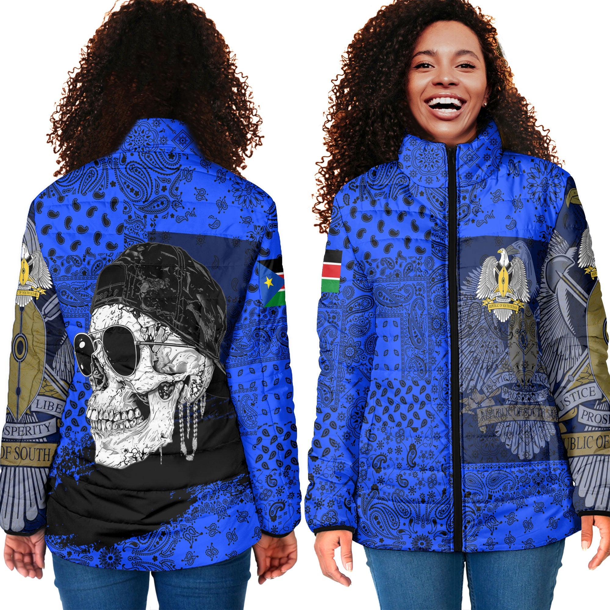 South Sudan Women Padded Jacket Paisley Flag And Skull Style 4