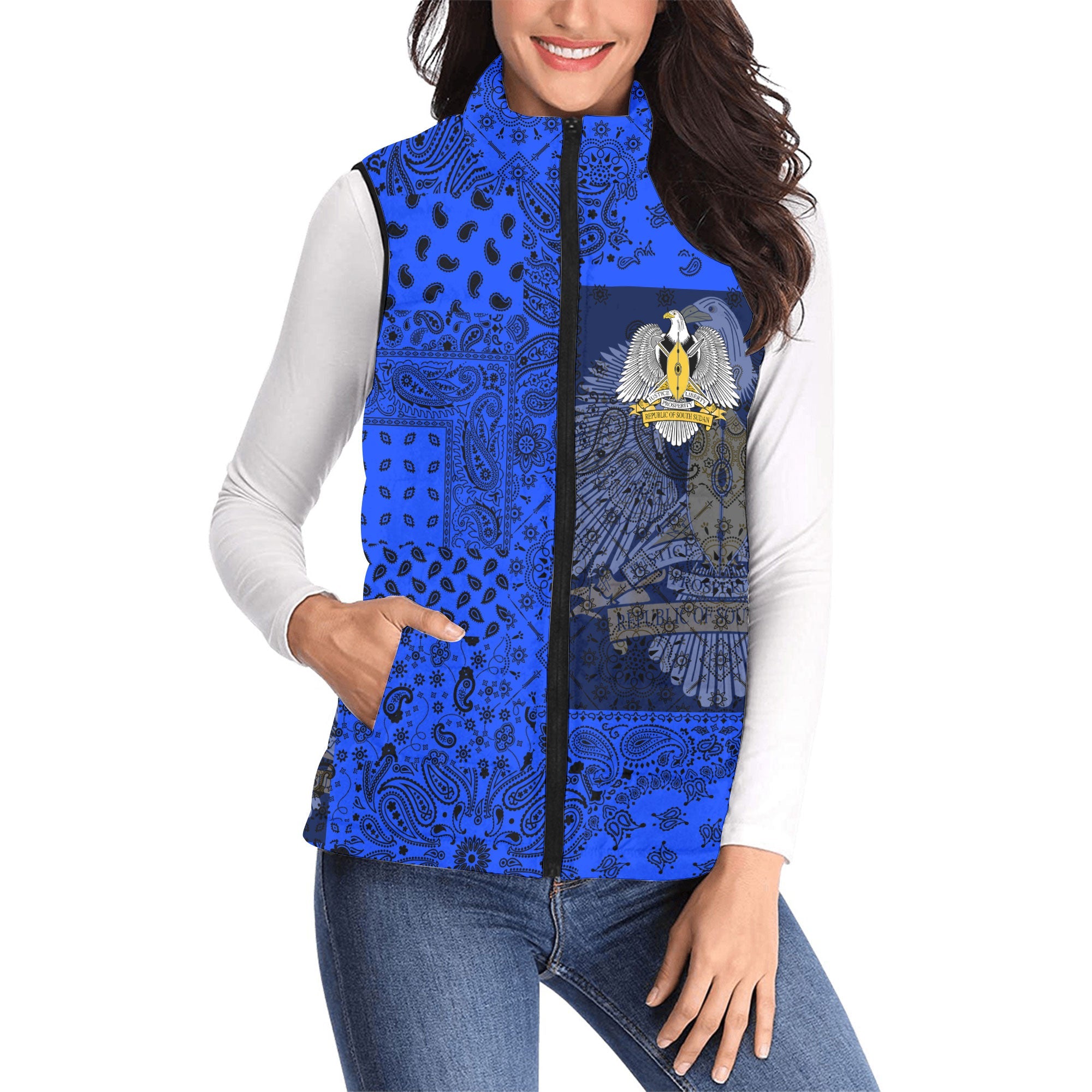 South Sudan Women Padded Jacket Vest Paisley Flag And Skull Style 1